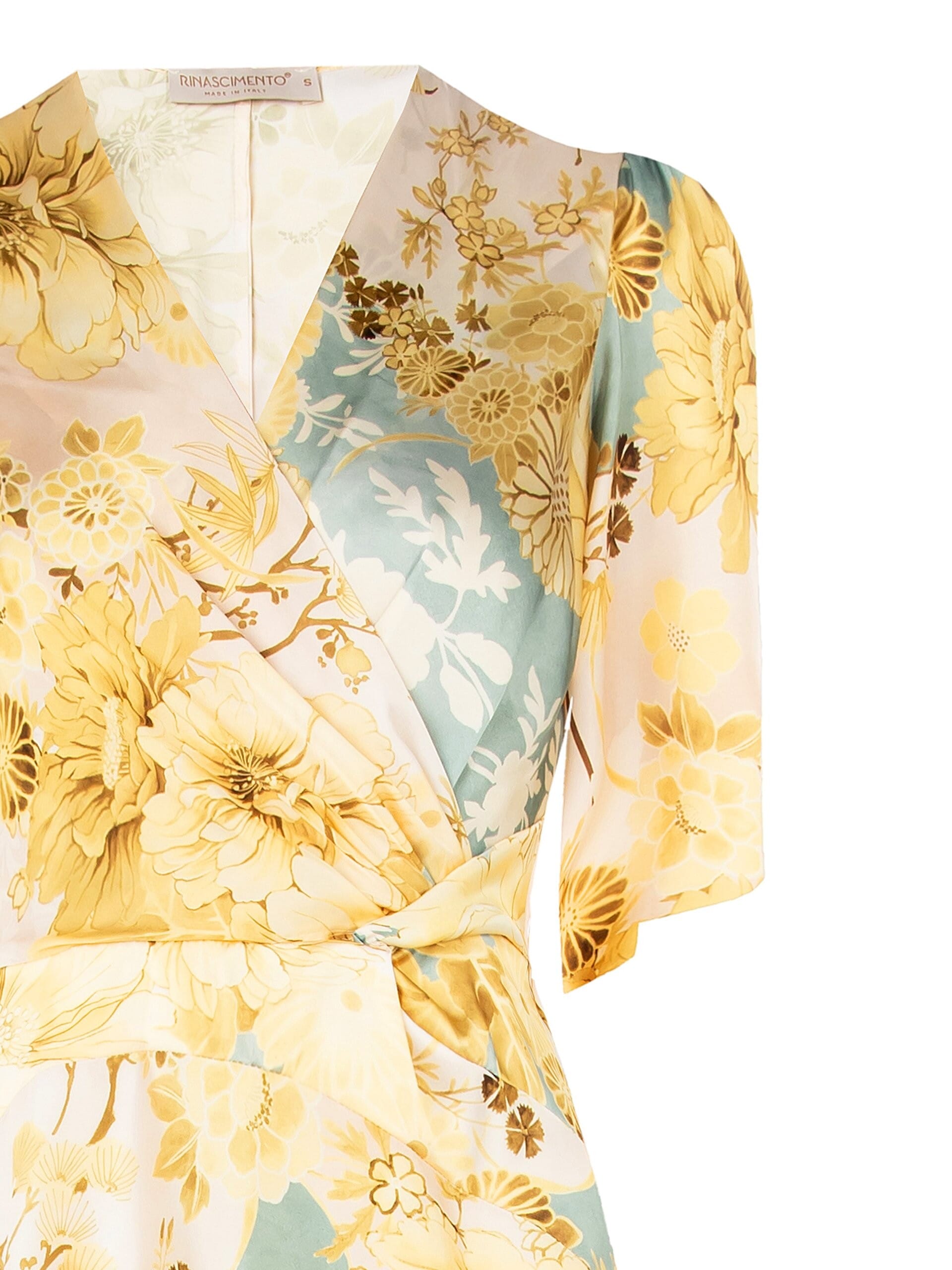 Robe midi en satin avec encolure en V croisée et nœud sur la hanche Rinascimento