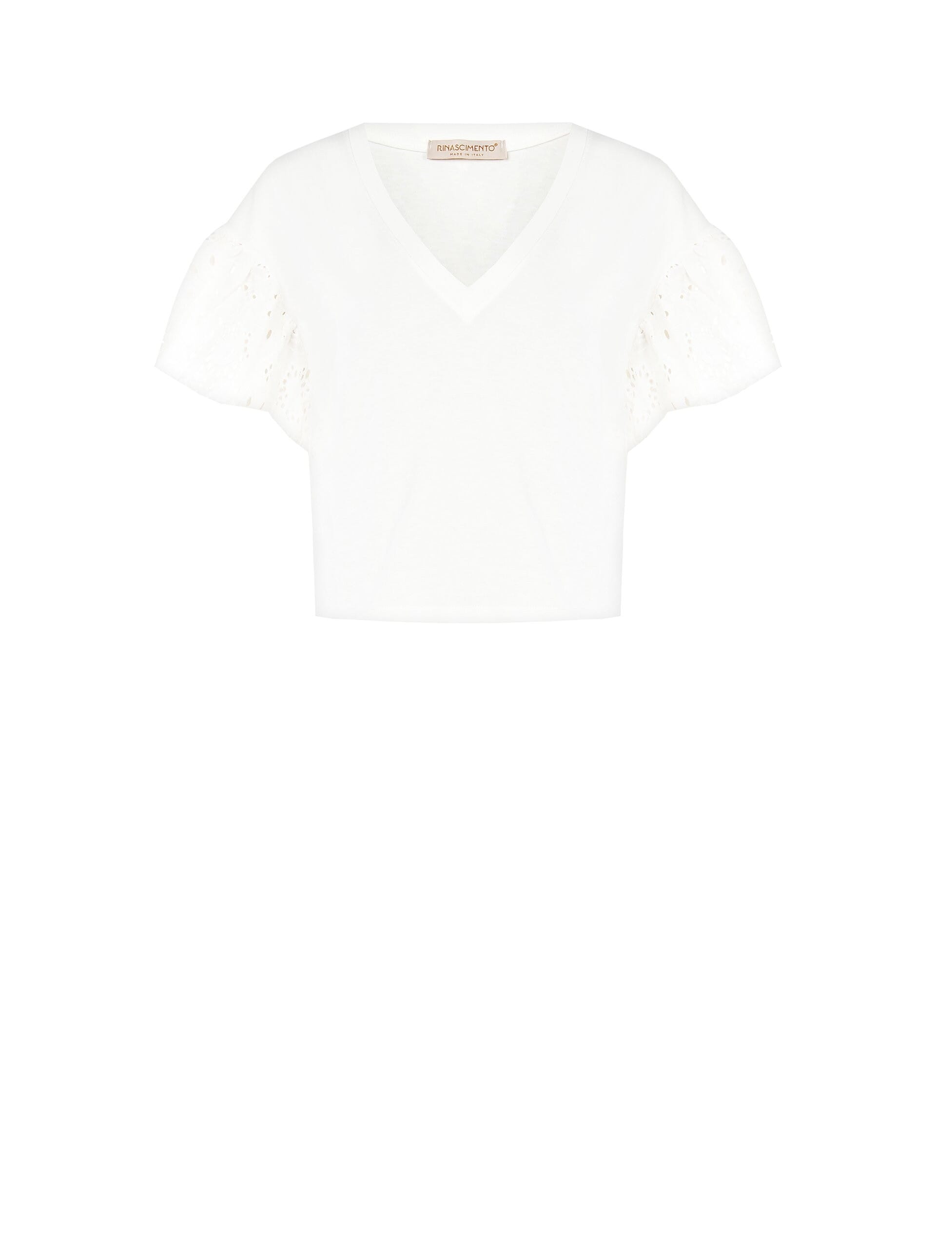 Rinascimento Large Cotton T-Shirt with Sangallo Sleeves and V-Neckline