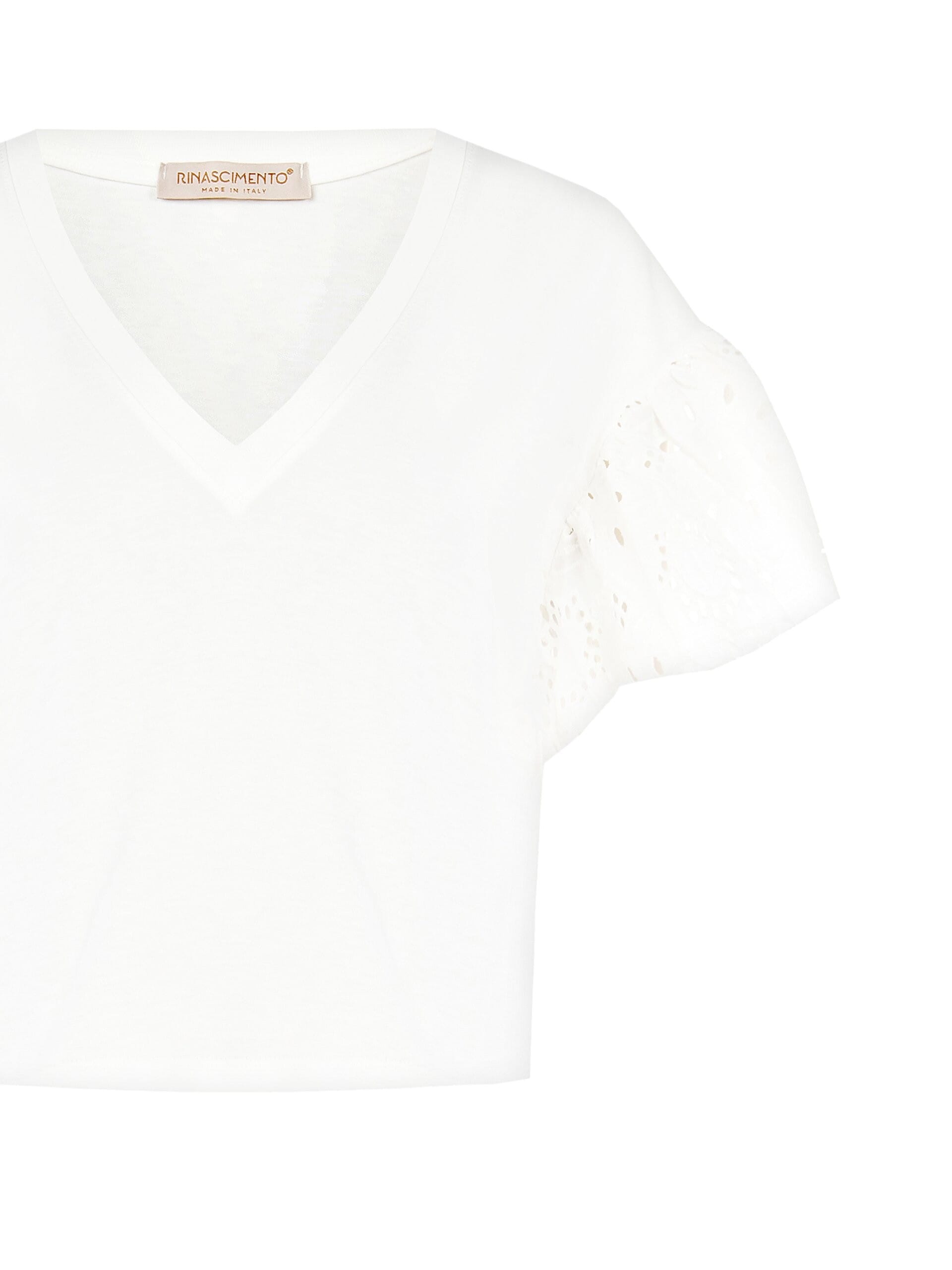 Rinascimento Large Cotton T-Shirt with Sangallo Sleeves and V-Neckline