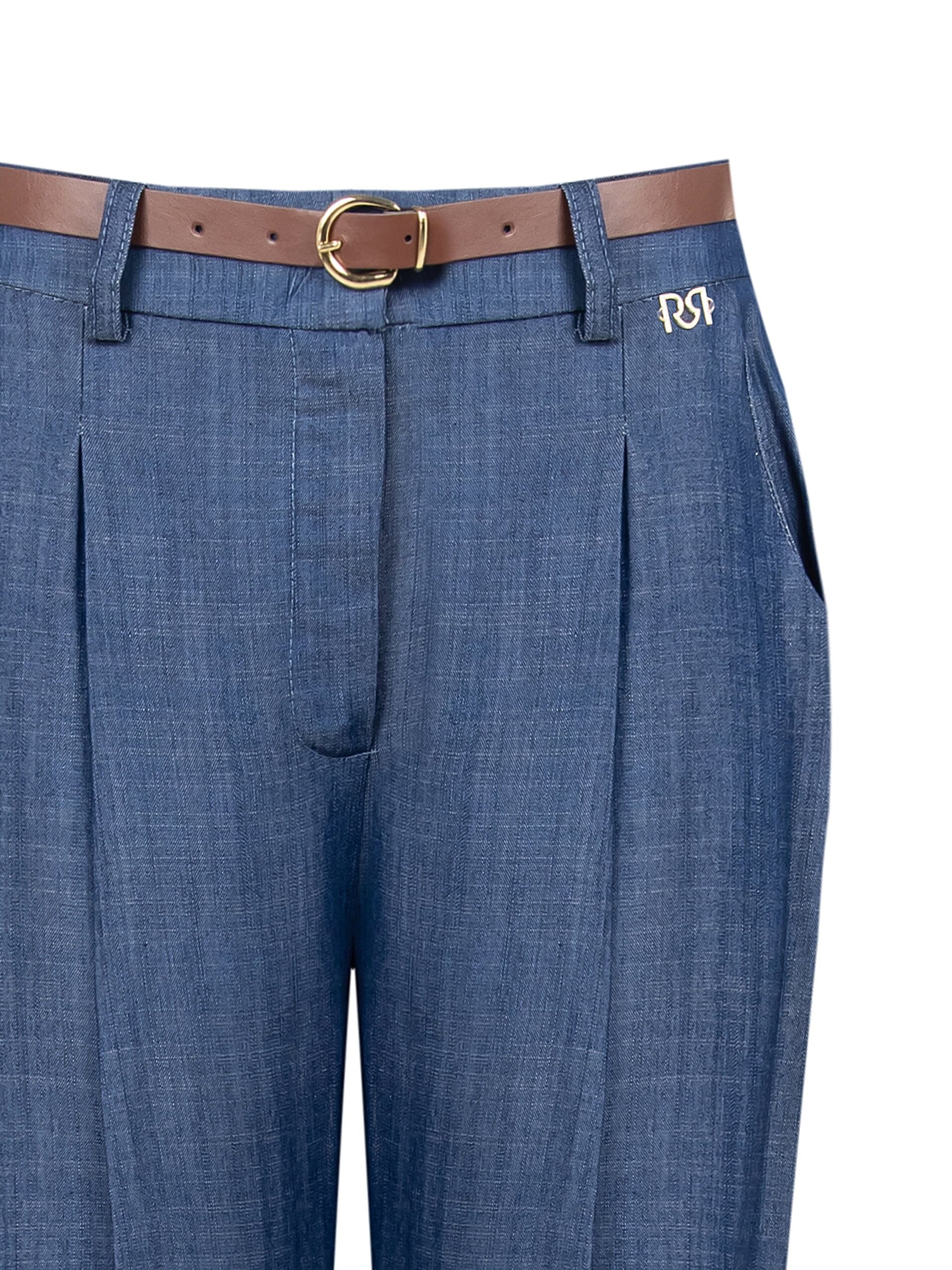 Pantaloni Carrot In Leggero Denim Con Cintura In Similpelle Abbinata Rinascimento