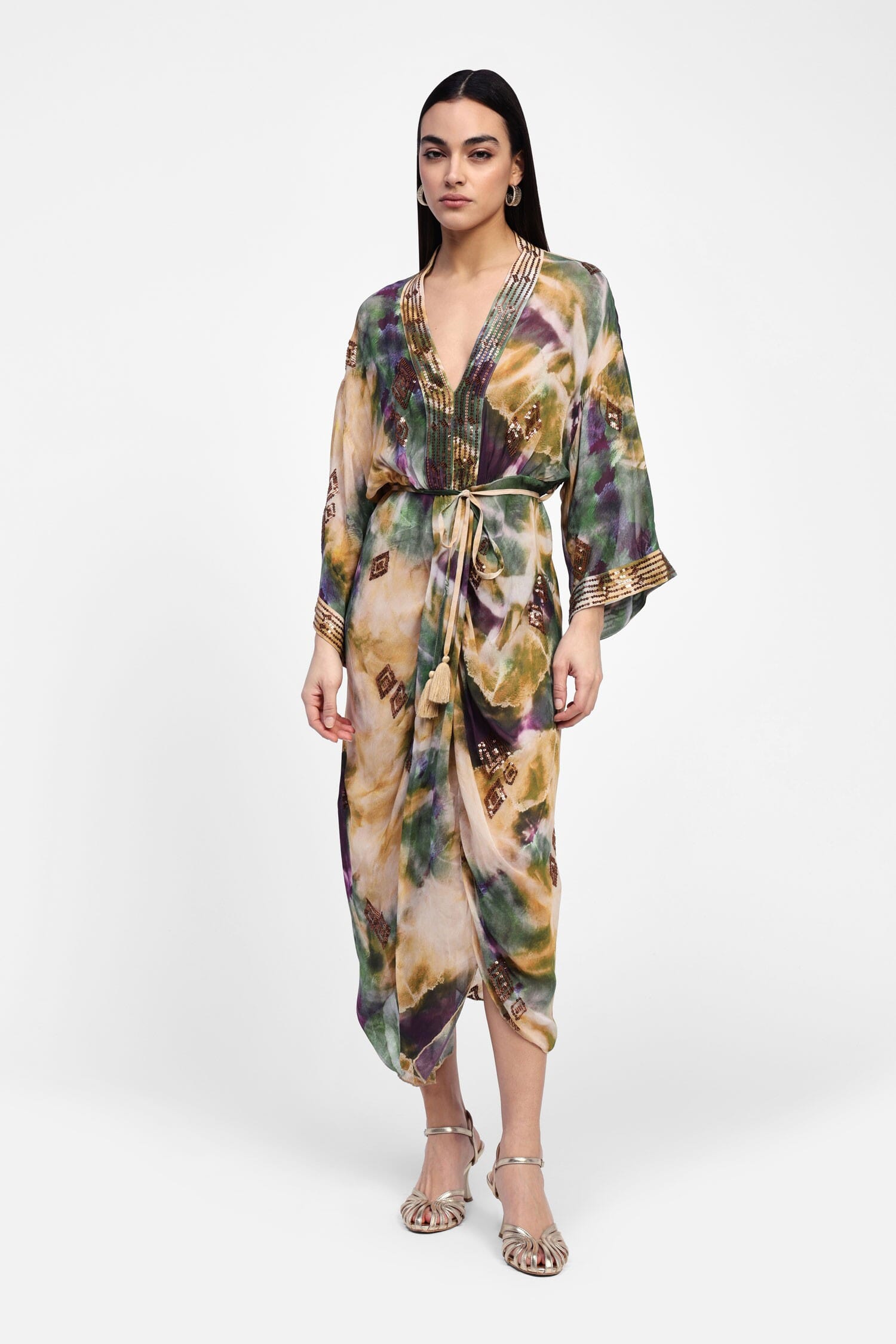 Abito Lungo Fantasia Con Drappeggio E Cordino Dixie