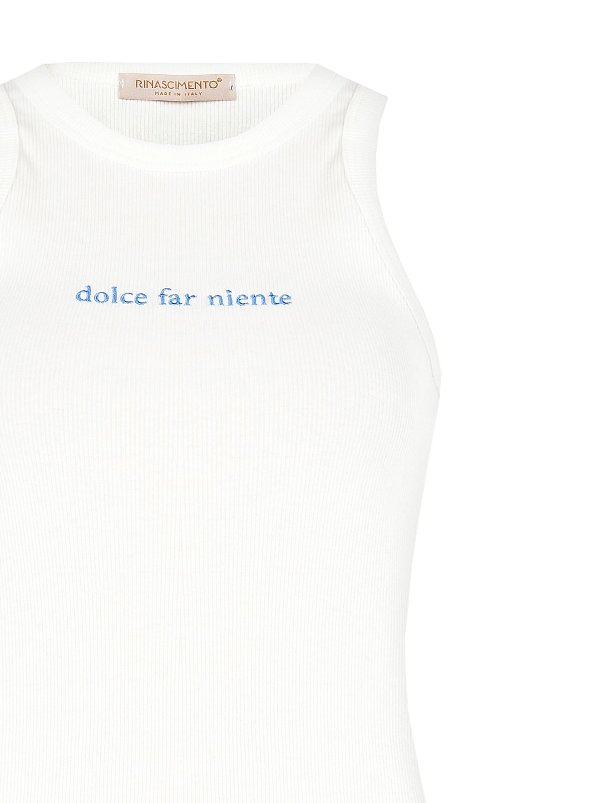 Seamless Cotton Top With Blue Embroidered Slogan Rinascimento