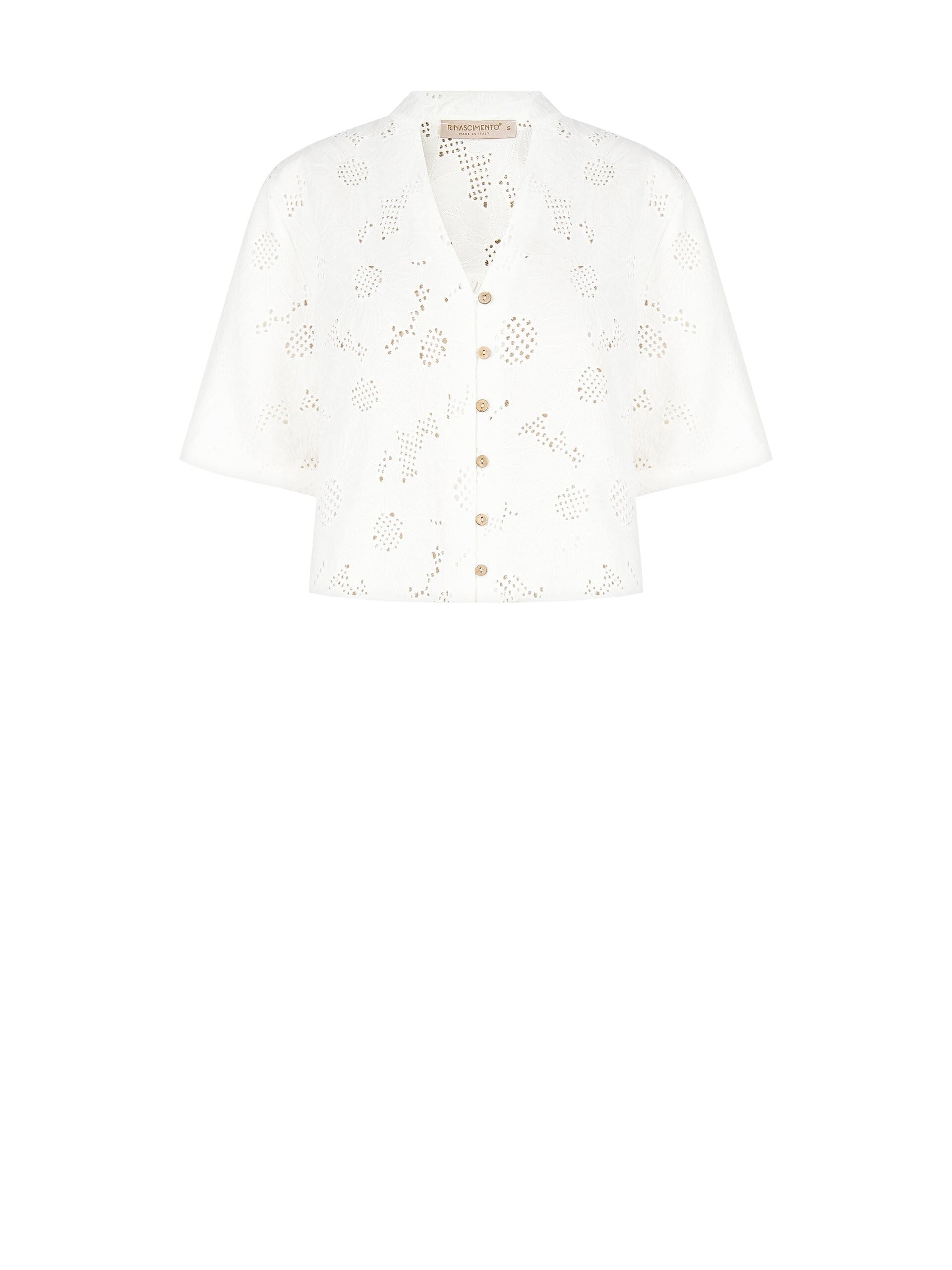 Camicia Ampia In Misto Cotone Ricamata A Fiori E Traforata Con Scollo A V Rinascimento