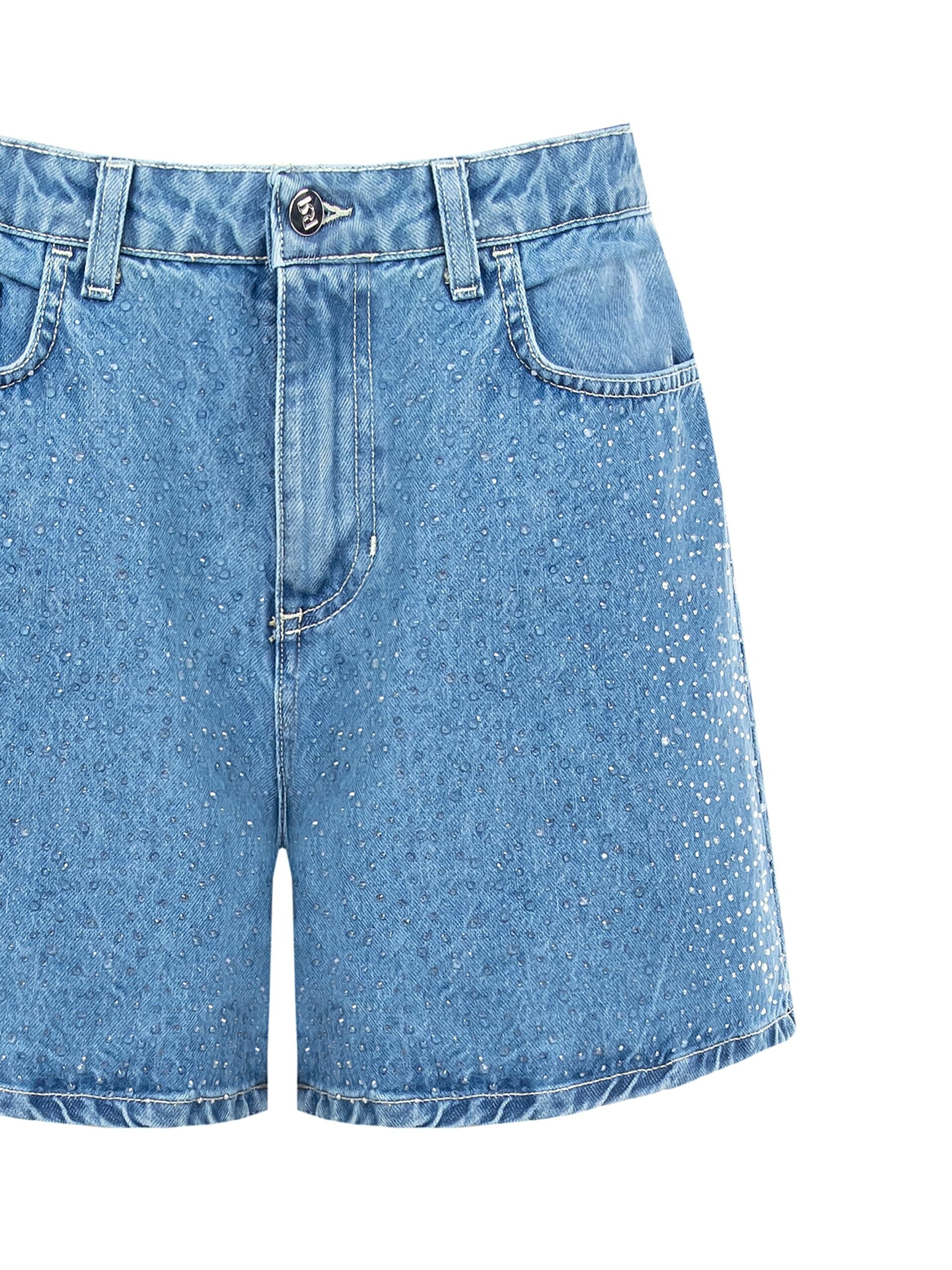 Pantaloni Corti Larghi In Denim Con Strass Rinascimento