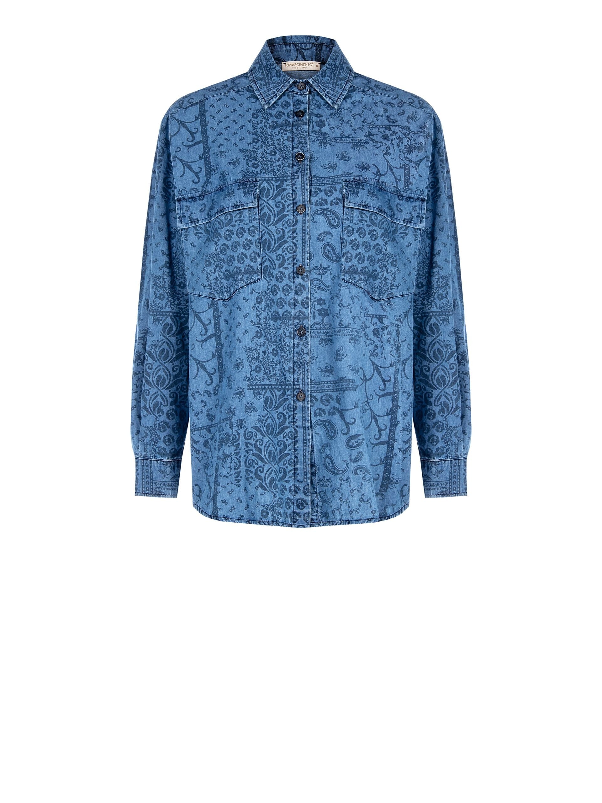 Lightweight Printed Denim Large Shirt With Maxi Pockets Rinascimento