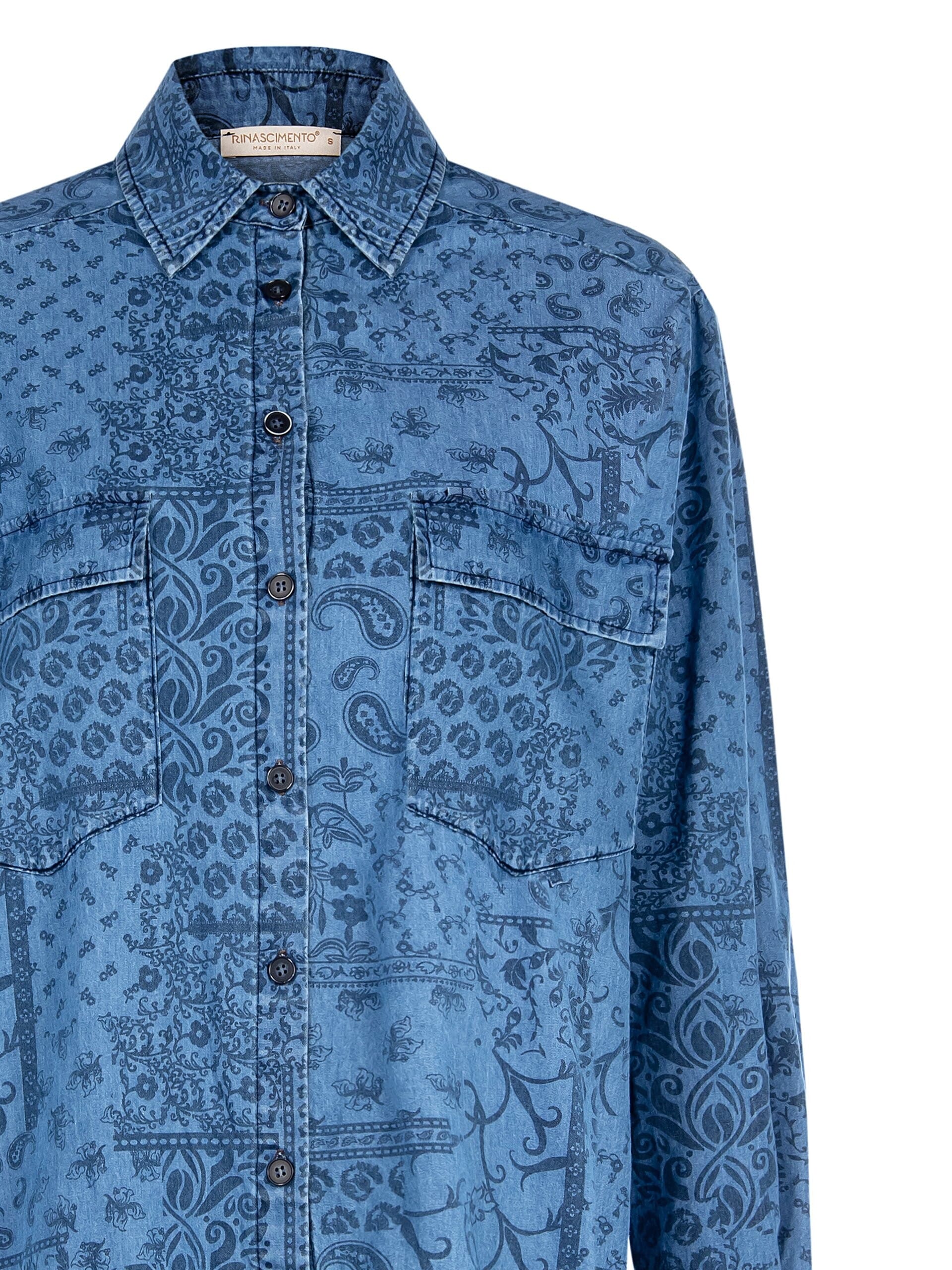 Lightweight Printed Denim Large Shirt With Maxi Pockets Rinascimento