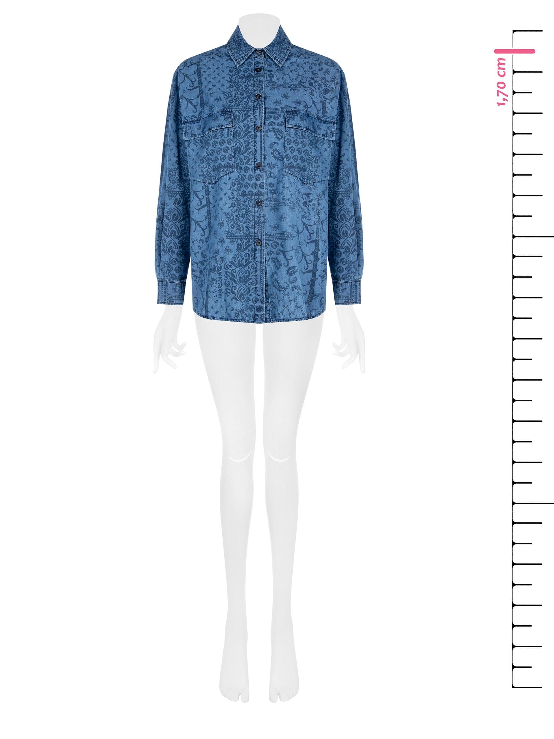Lightweight Printed Denim Large Shirt With Maxi Pockets Rinascimento