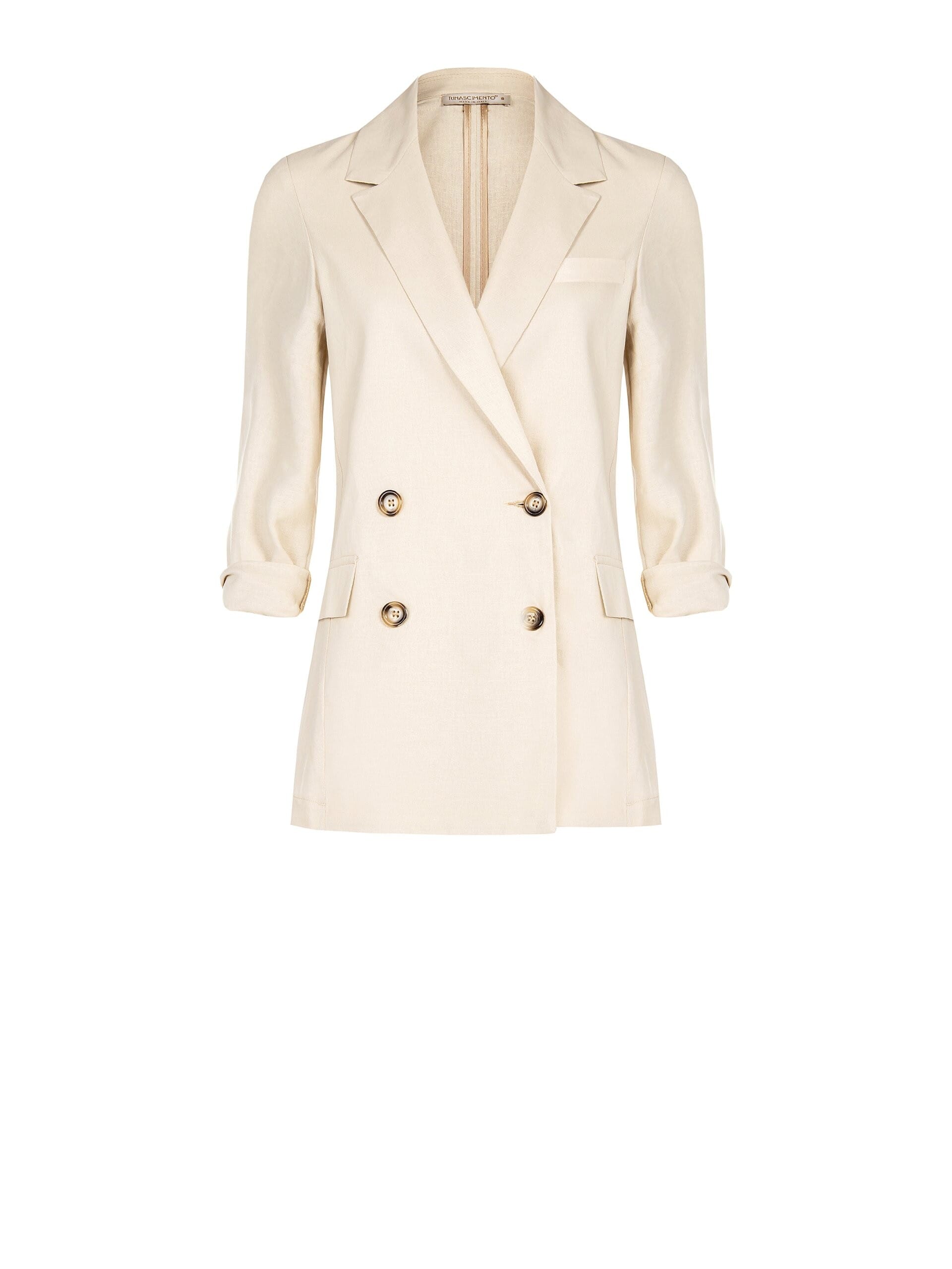 Long Cut Linen Blend Blazer Jacket With Metal Logo Detail Rinascimento