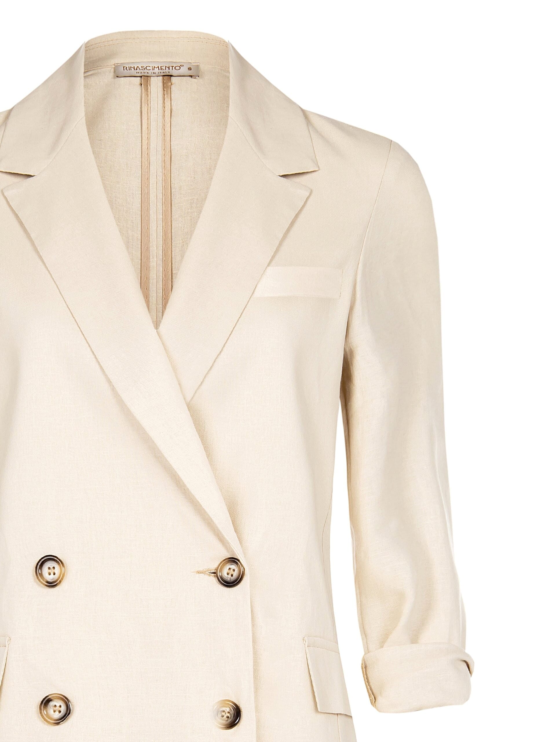 Long Cut Linen Blend Blazer Jacket With Metal Logo Detail Rinascimento