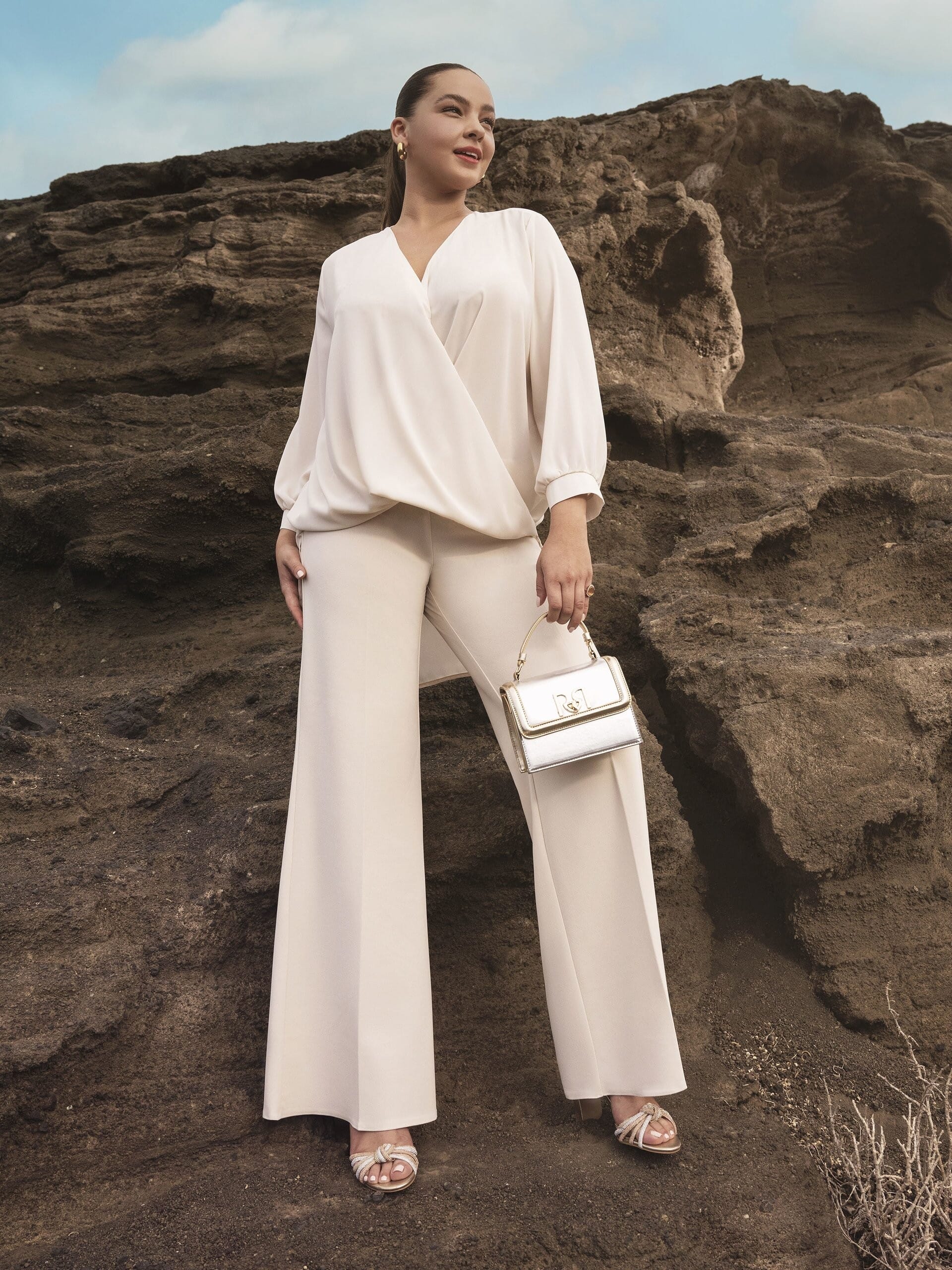 Rinascimento - Curvy Balloon Satin Cross Neckline Blouse