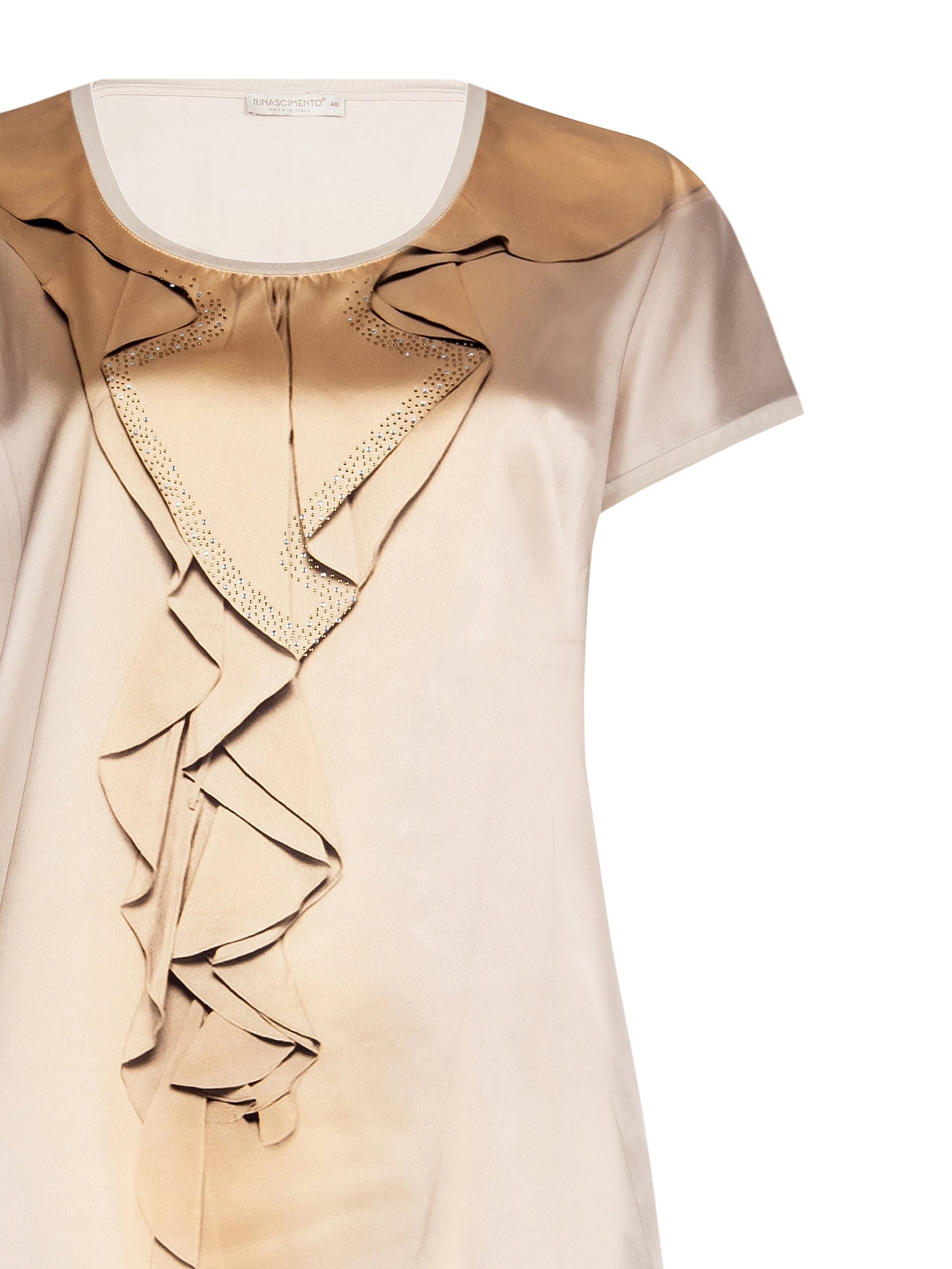 T-Shirt Curvy Sfiancata In Raso Stampato Davanti Con Strass E Viscosa Dietro Rinascimento Curvy