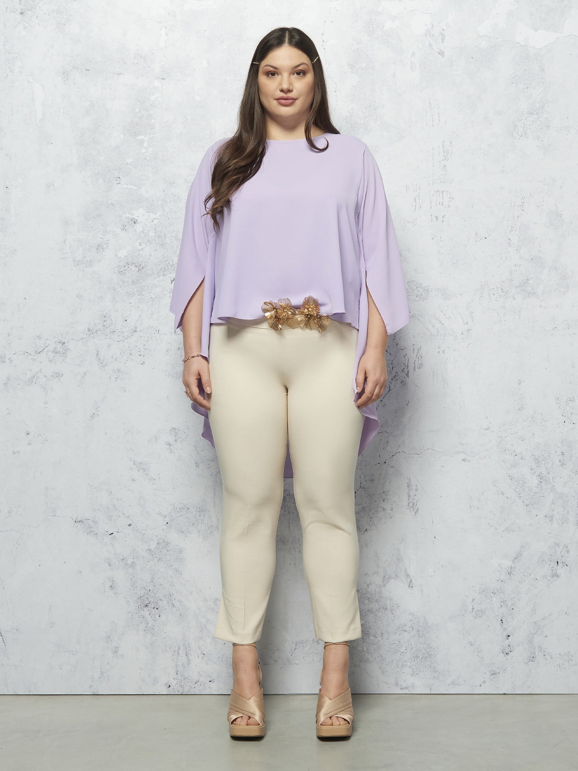 Wide Asymmetrical Satin Blouse With Sleeves Effect Curvy Sleeve Rinascimento