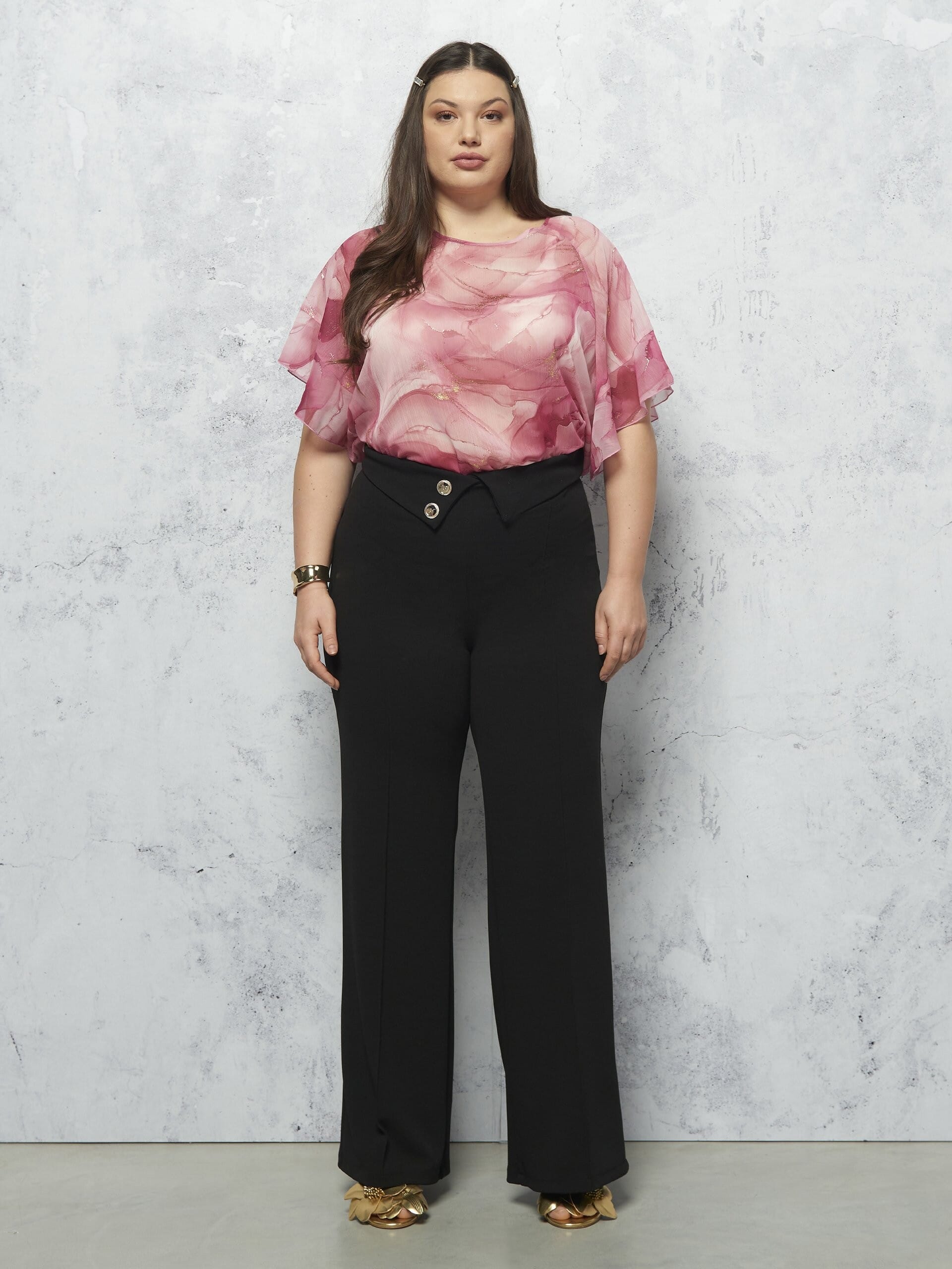 Blusa Curvy Ampia In Georgette Con Applicazioni In Oro Rinascimento Curvy