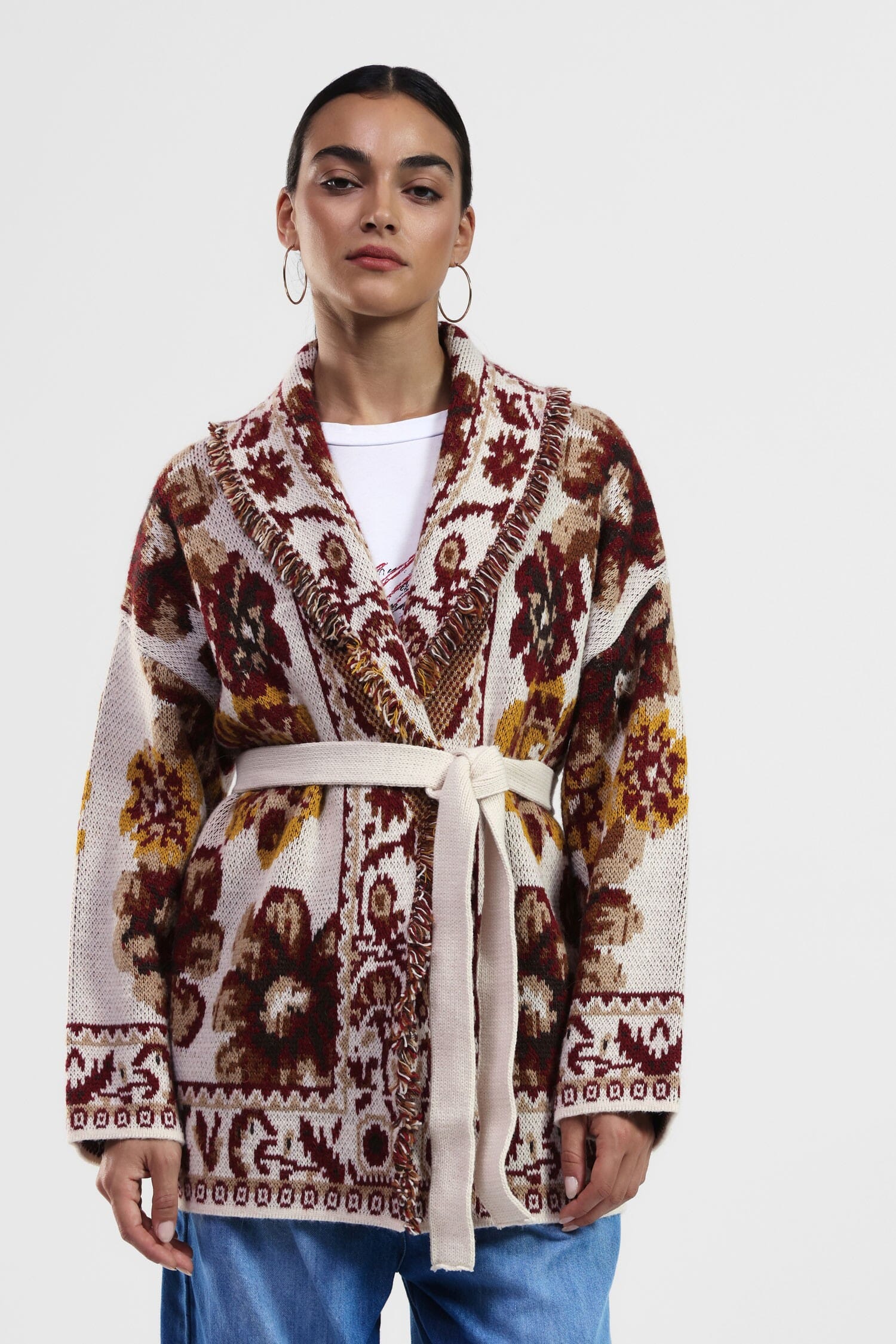 Cardigan With Belt And Floral Pattern Dixie