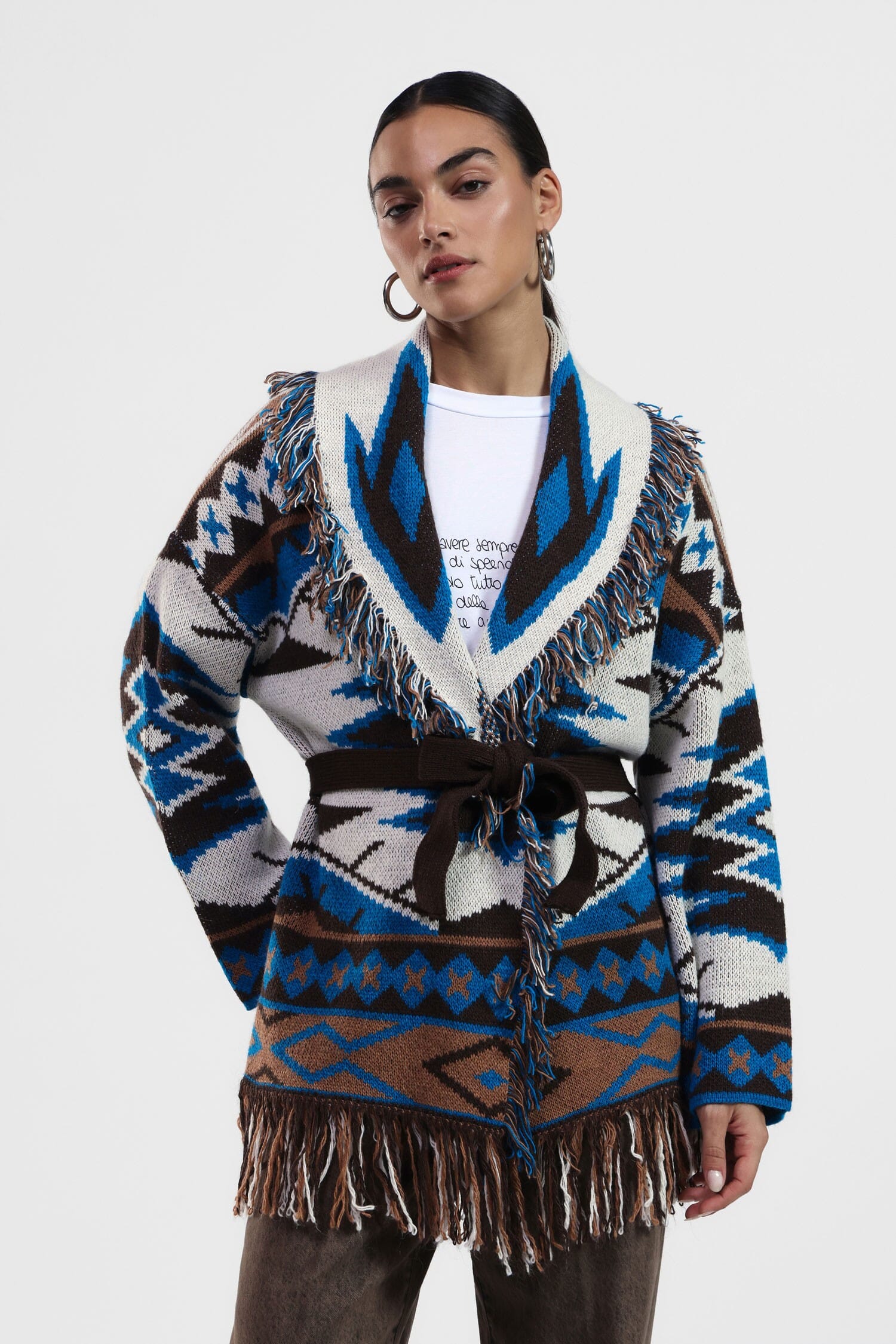 Poncho With Fringes And Geometric Pattern Dixie