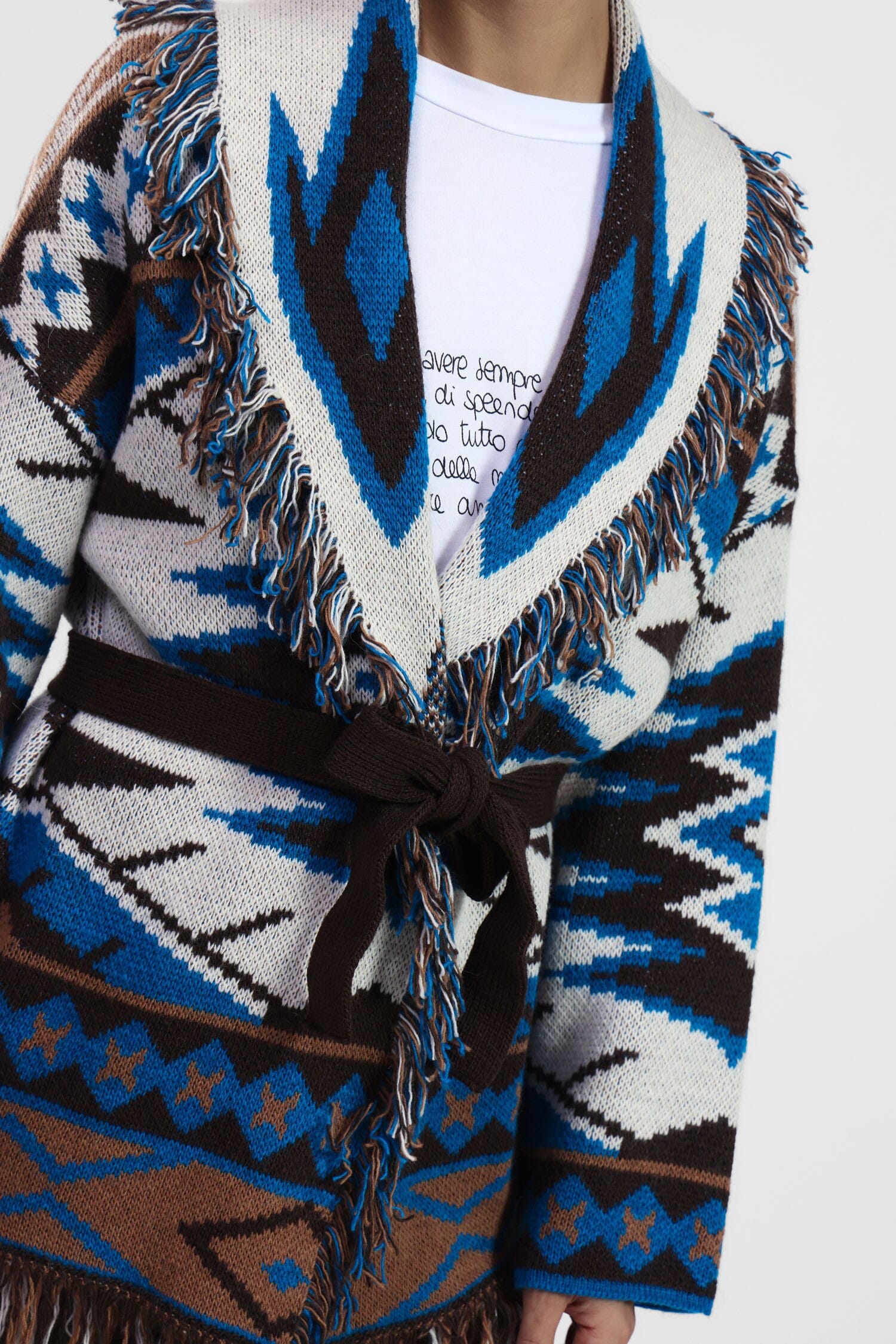 Poncho With Fringes And Geometric Pattern Dixie