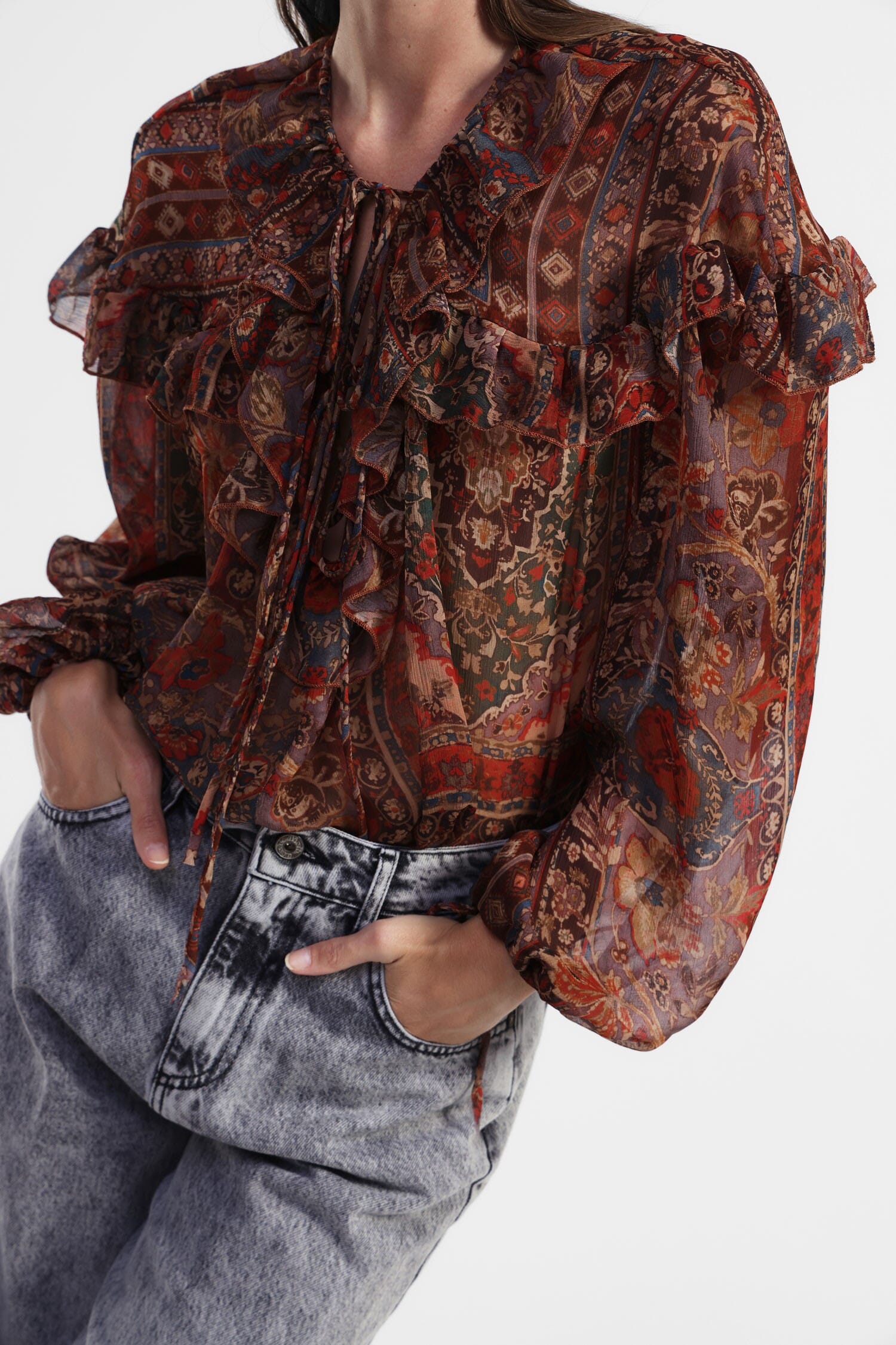 Chemise transparente à volants et motif Dixie