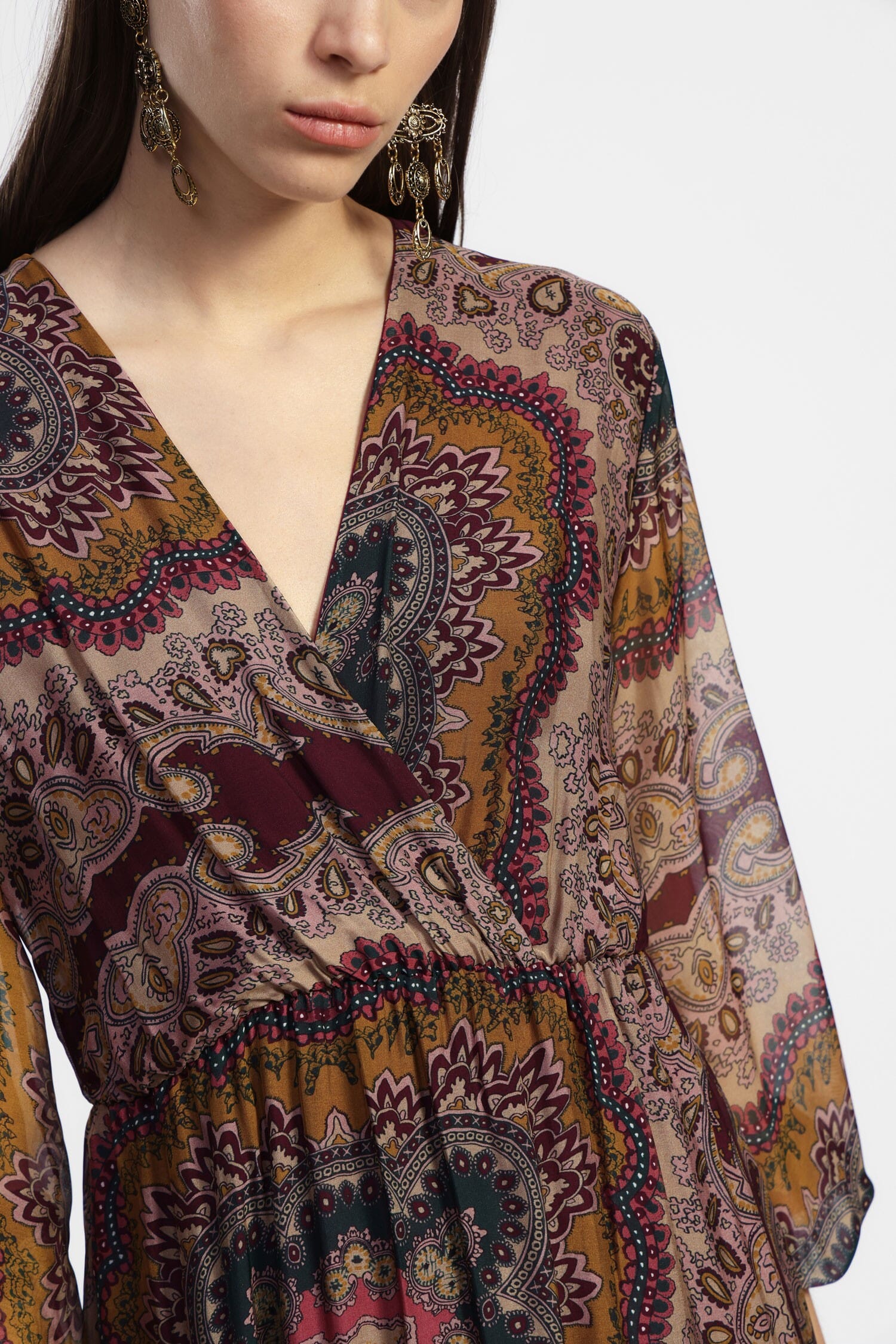 Abito Lungo Stampa Paisley Scollo A V Dixie