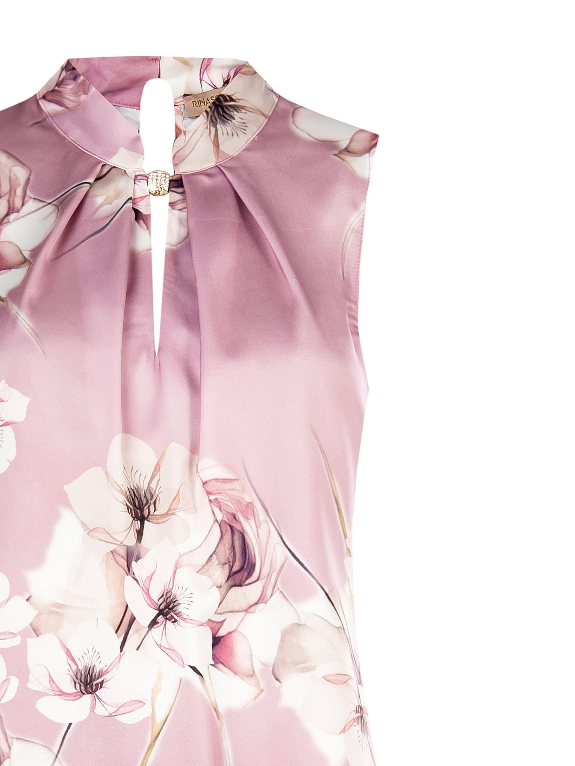 Blusa Ampia Sfiancata In Raso A Fiori Con Dettaglio Gioiello Rinascimento