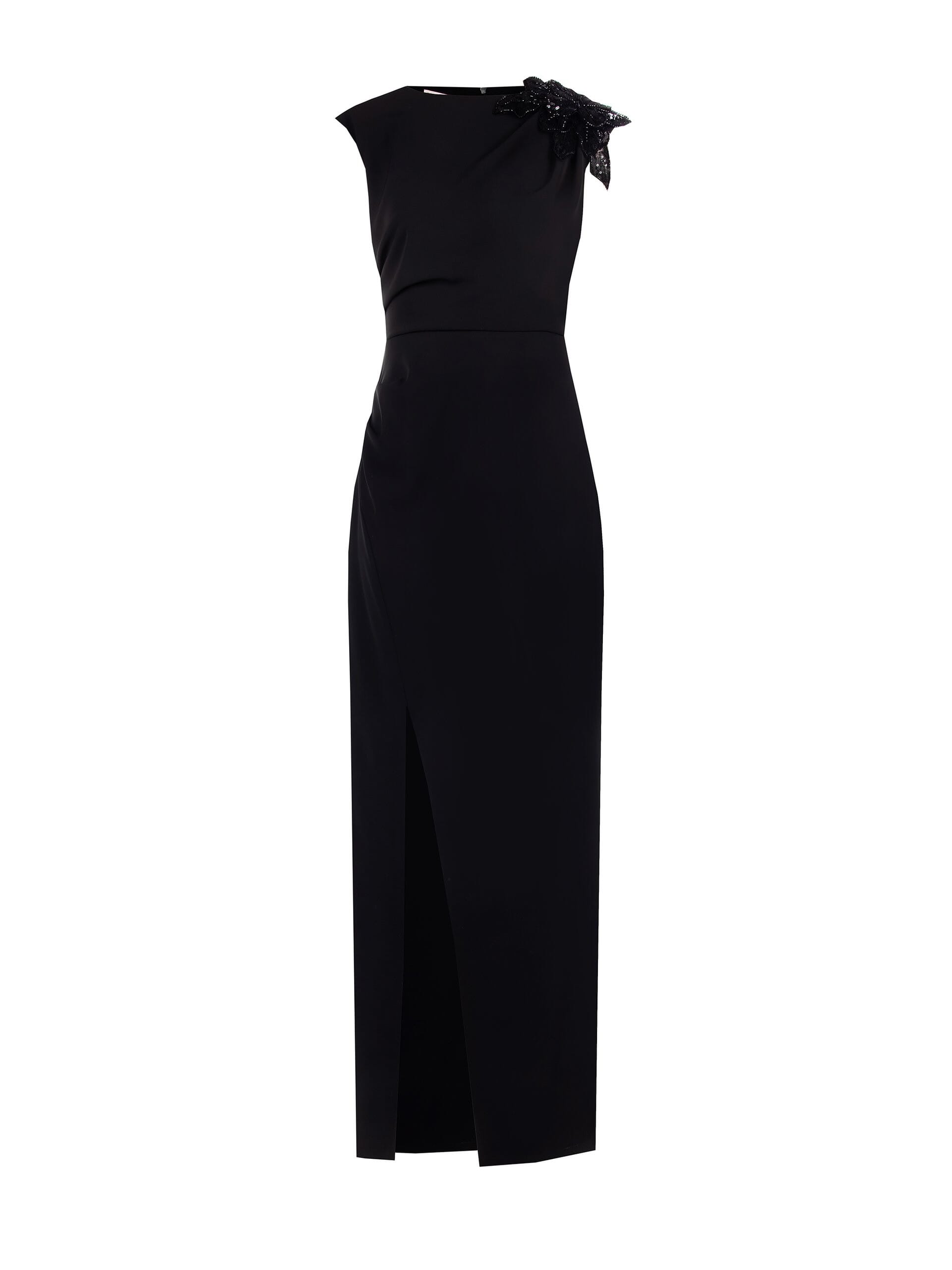 Abito Lungo A Tubino In Tessuto Fluido Con Fiore Ricoperto Di Perle Rinascimento