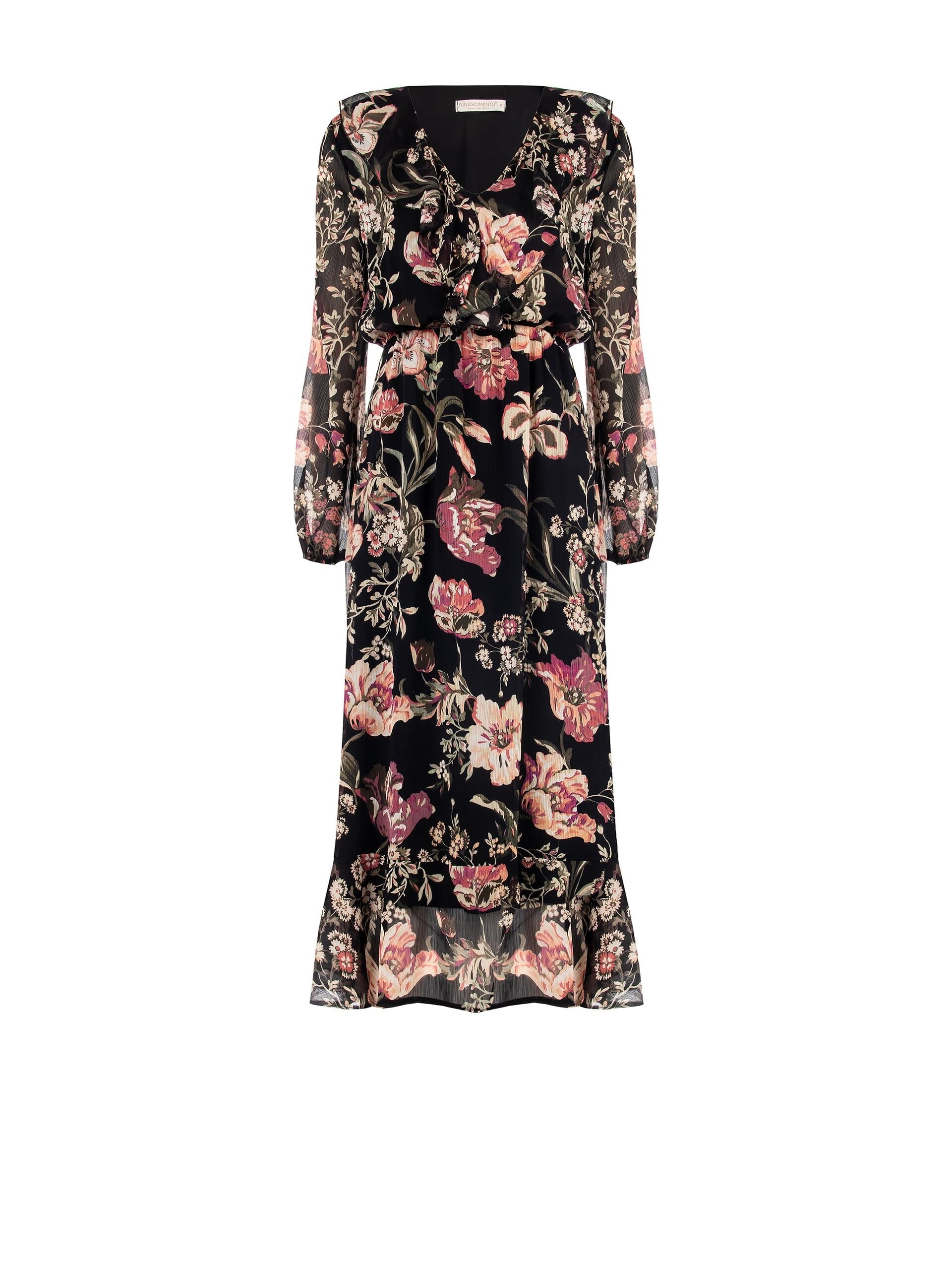 Abito Lungo In Chiffon Creponne Con Scollo A V E Volant Rinascimento