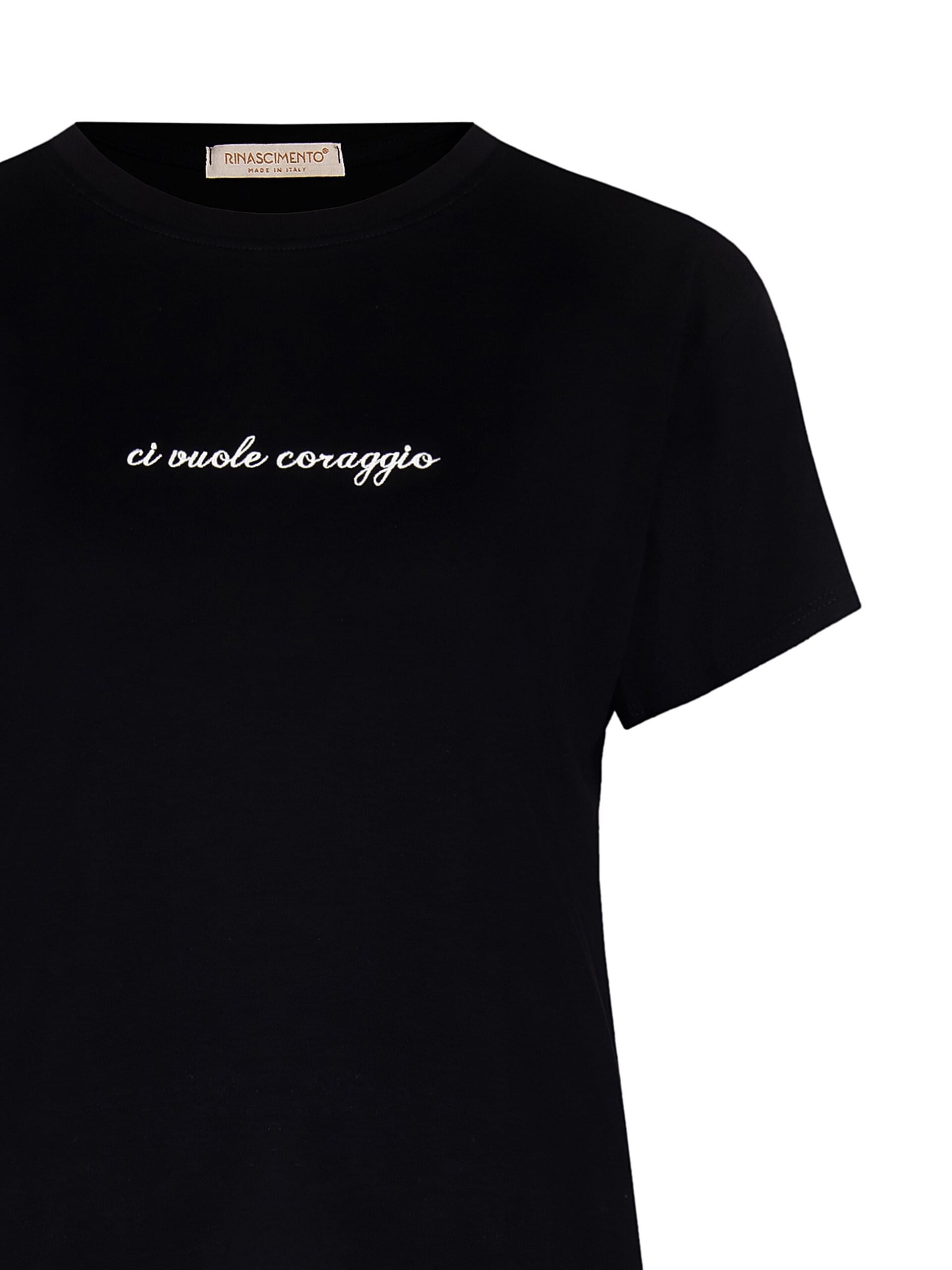 T-Shirt Regular In Cotone Con Slogan Ricamato Bianco Al Centro Rinascimento