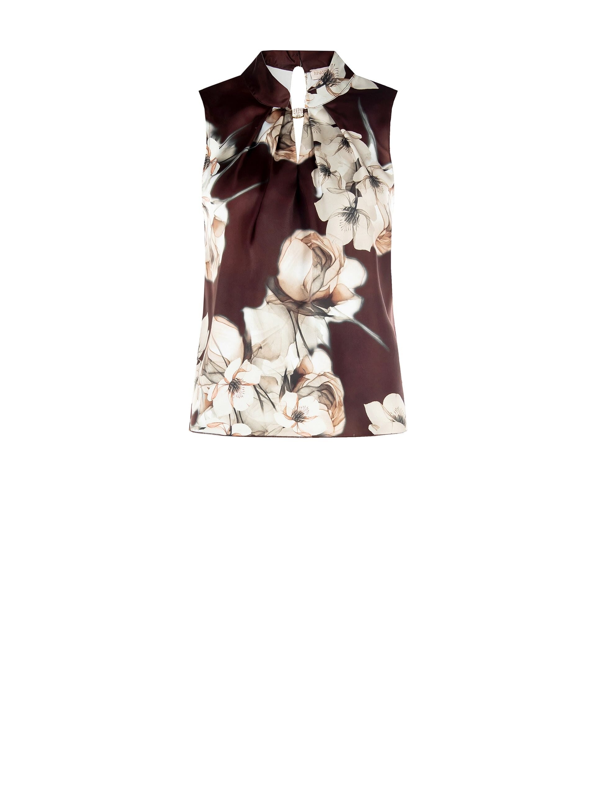 Blusa Ampia Sfiancata In Raso A Fiori Con Dettaglio Gioiello Rinascimento