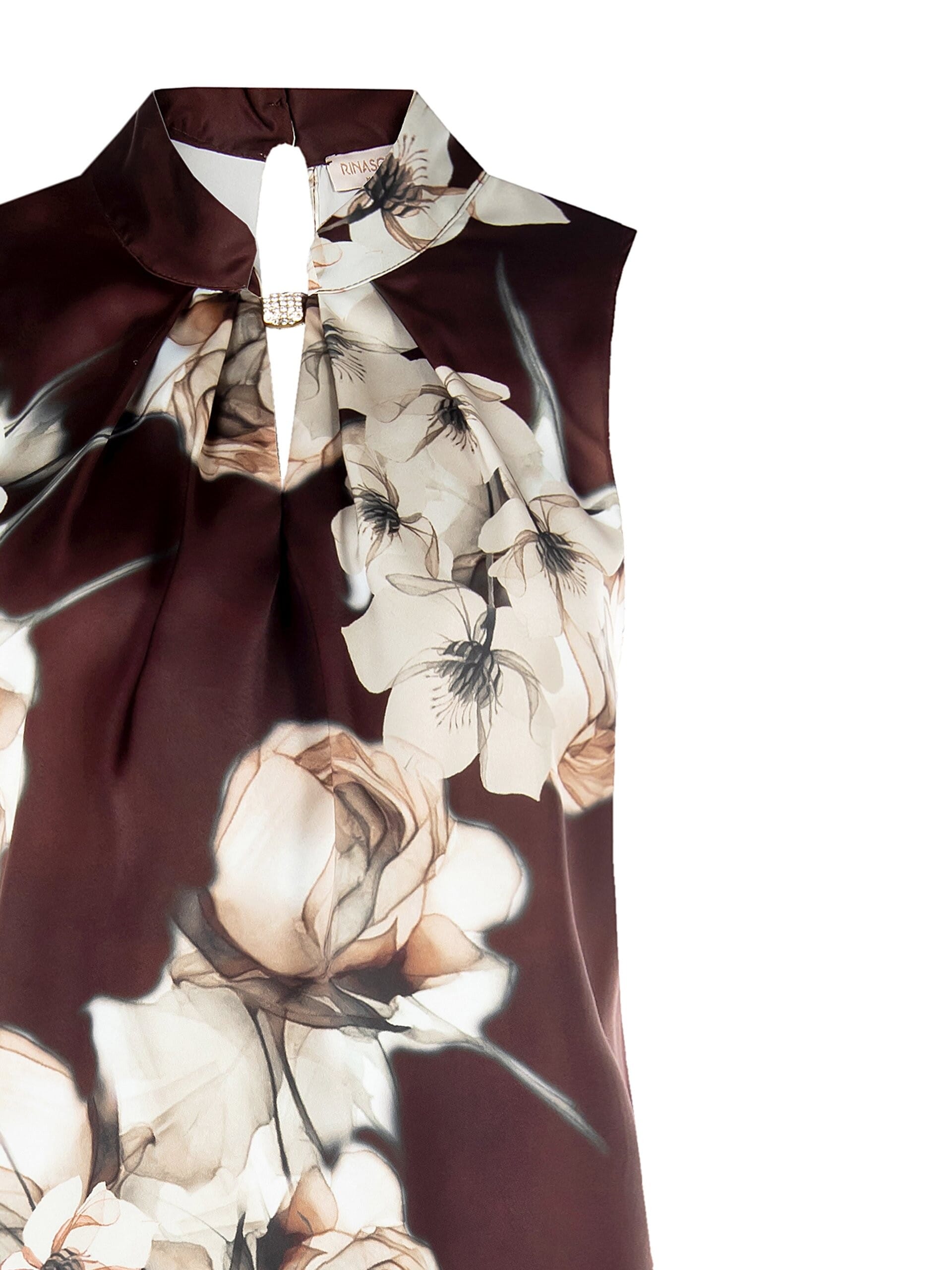 Blusa Ampia Sfiancata In Raso A Fiori Con Dettaglio Gioiello Rinascimento