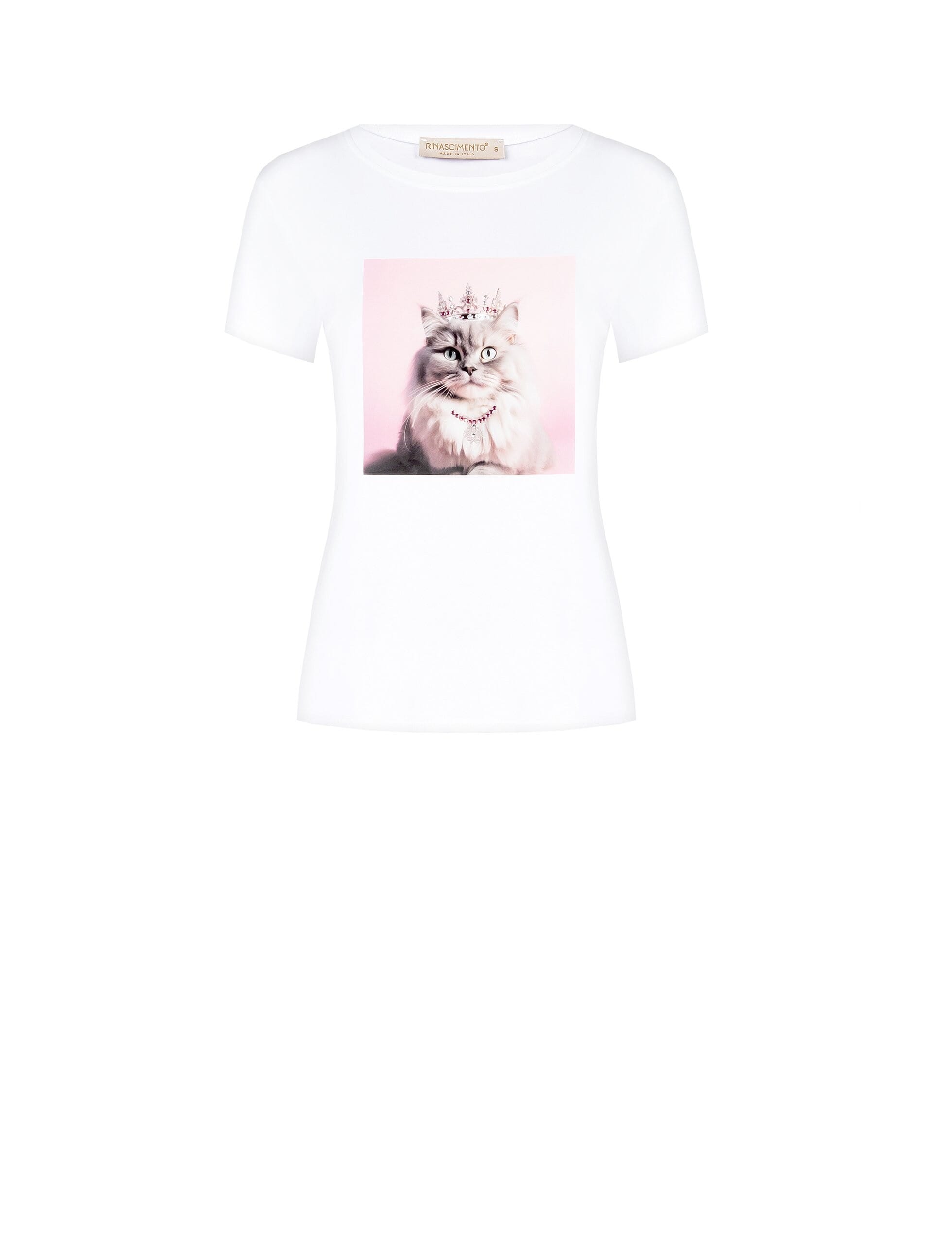 Regular Cotton Mix T-Shirt with Cat Print and Rinascimento Pearls