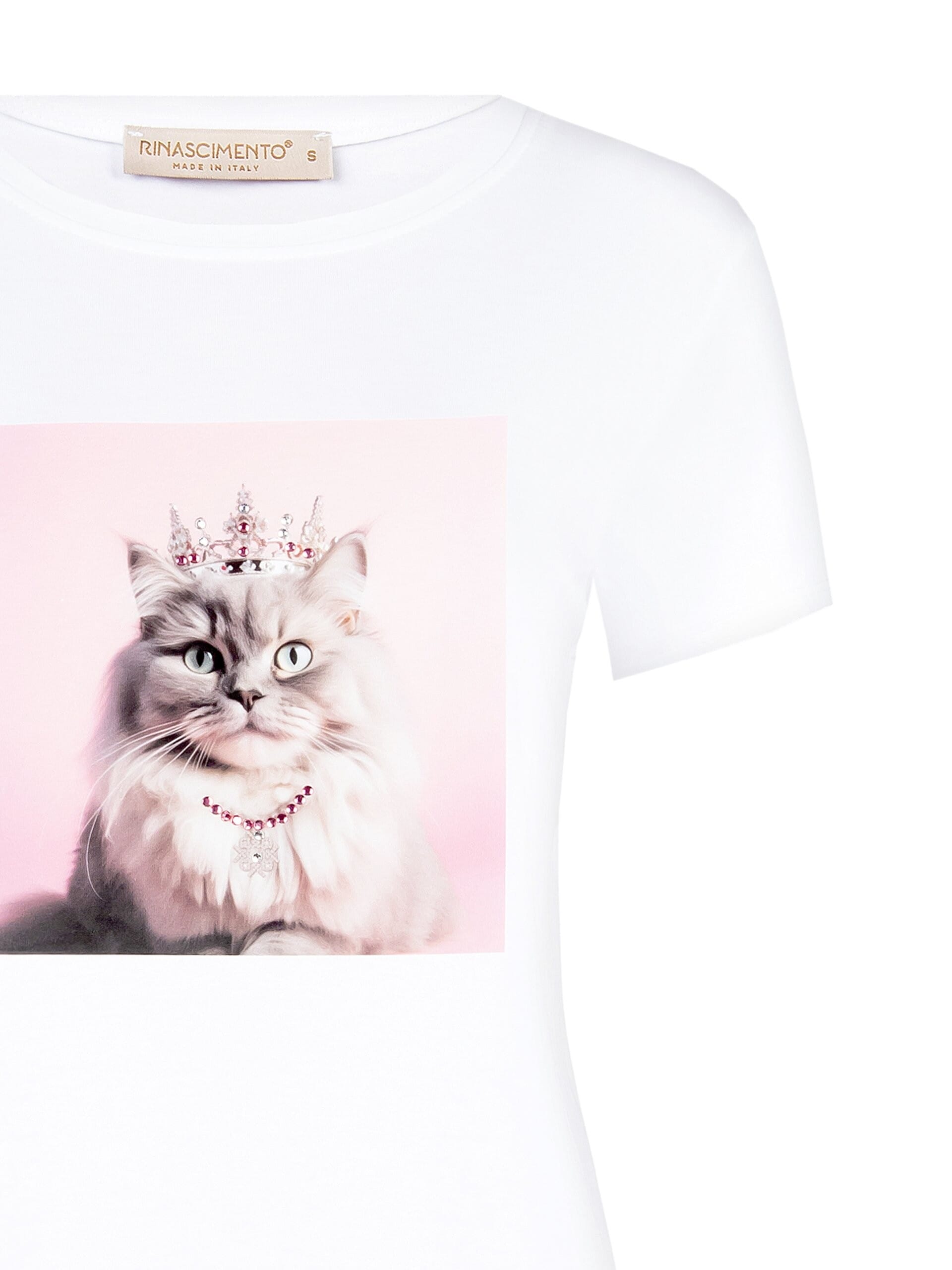 Regular Cotton Mix T-Shirt with Cat Print and Rinascimento Pearls