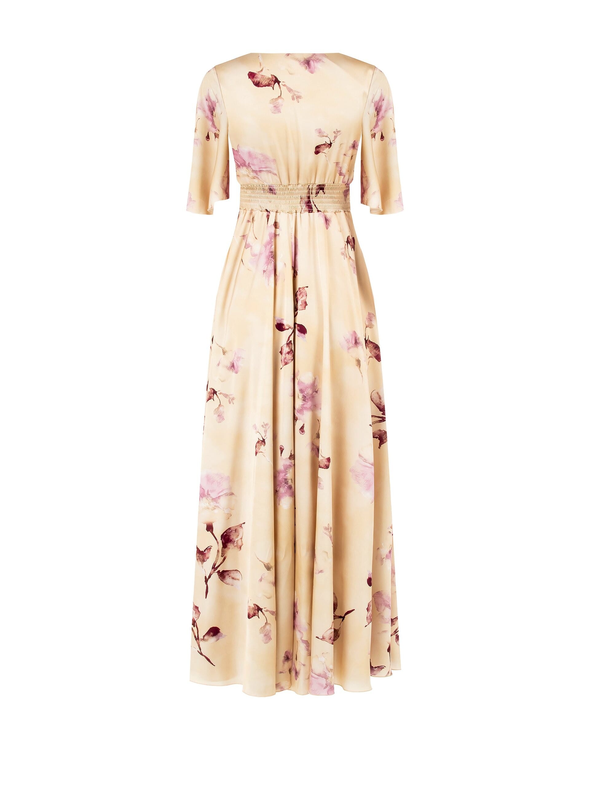 Abito Lungo Impero In Raso A Fiori Grandi Con Scollo A V Incrociato Rinascimento