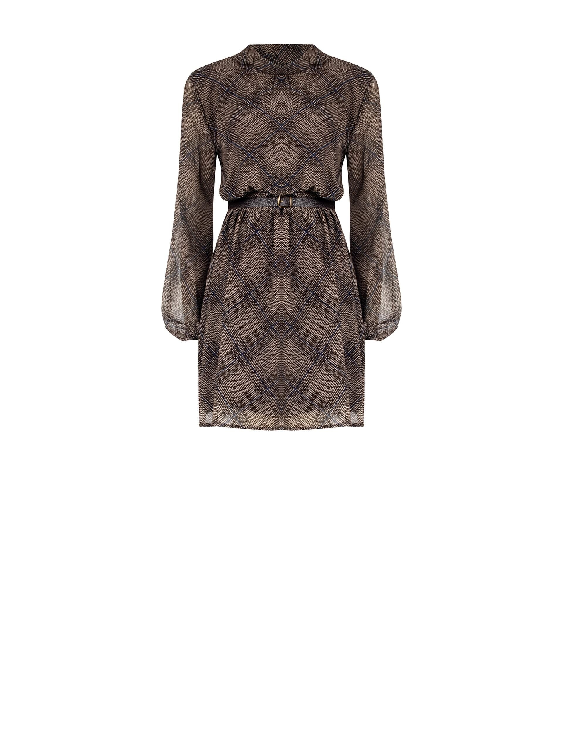 Abito Corto A Ruota In Georgette Motivo Principe Di Galles Con Cintura In Similpelle Abbinata Rinascimento