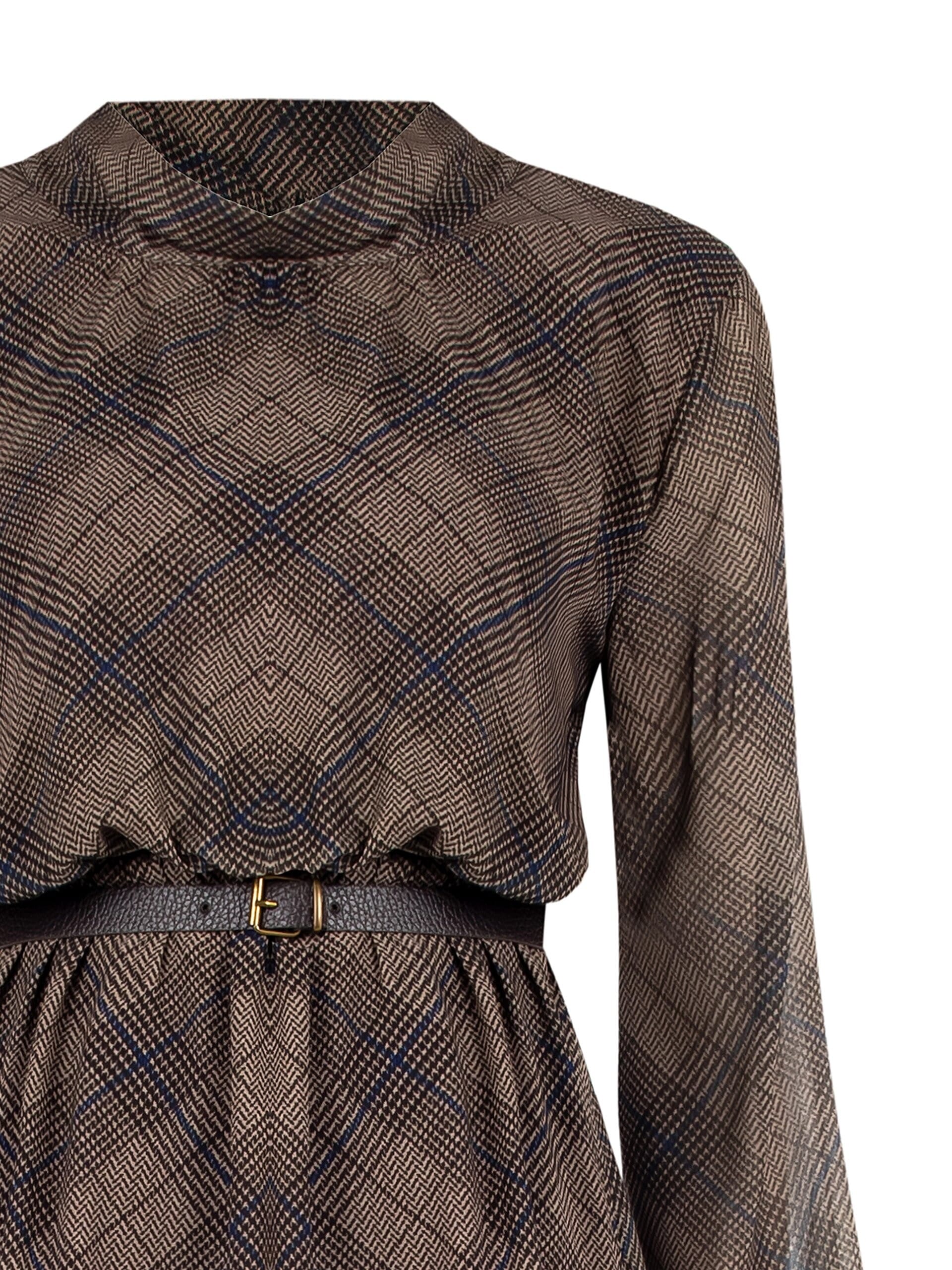 Abito Corto A Ruota In Georgette Motivo Principe Di Galles Con Cintura In Similpelle Abbinata Rinascimento