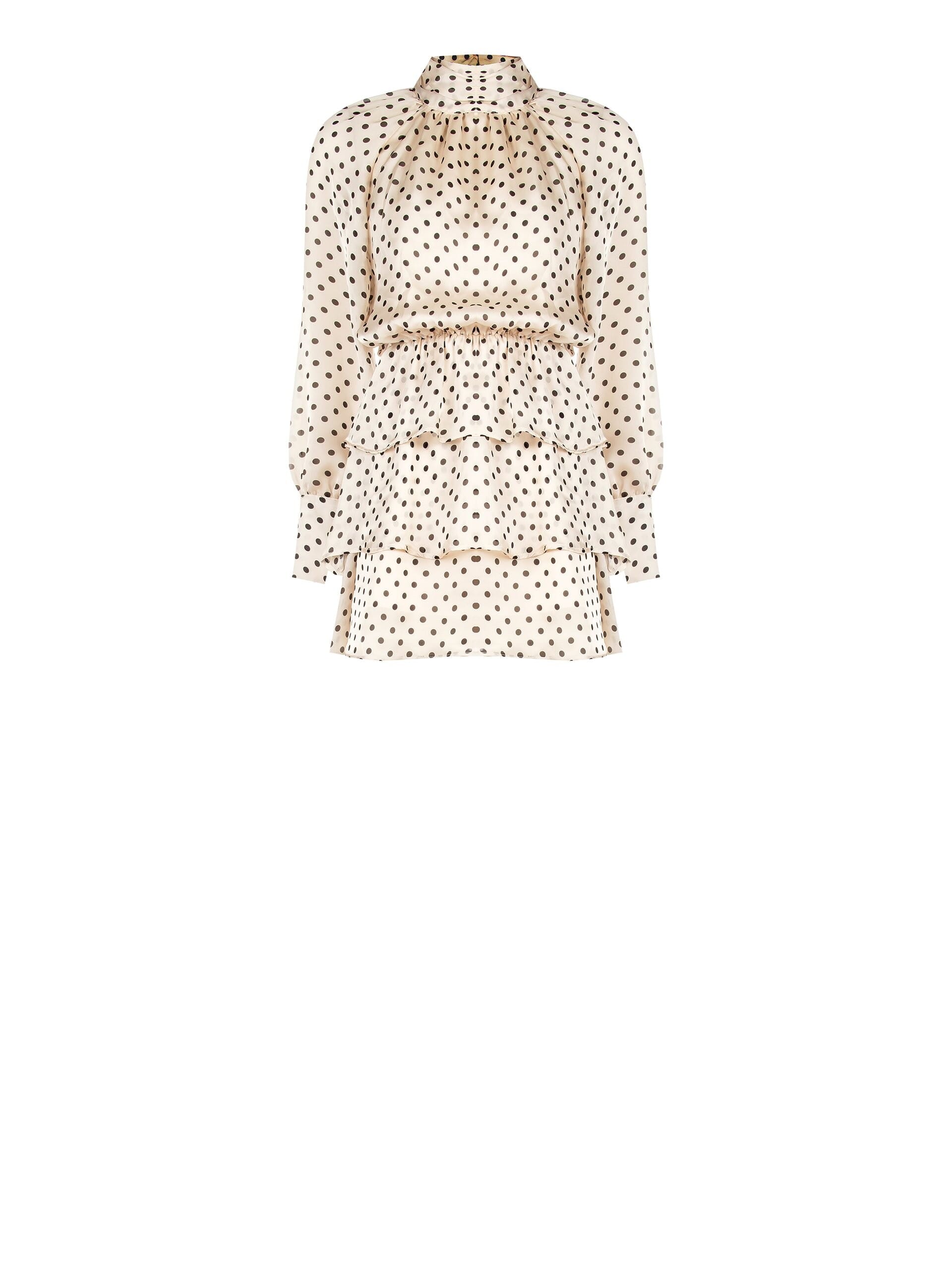 Abito Corto A Balze In Leggerissimo Raso A Pois Con Maxi Maniche Rinascimento