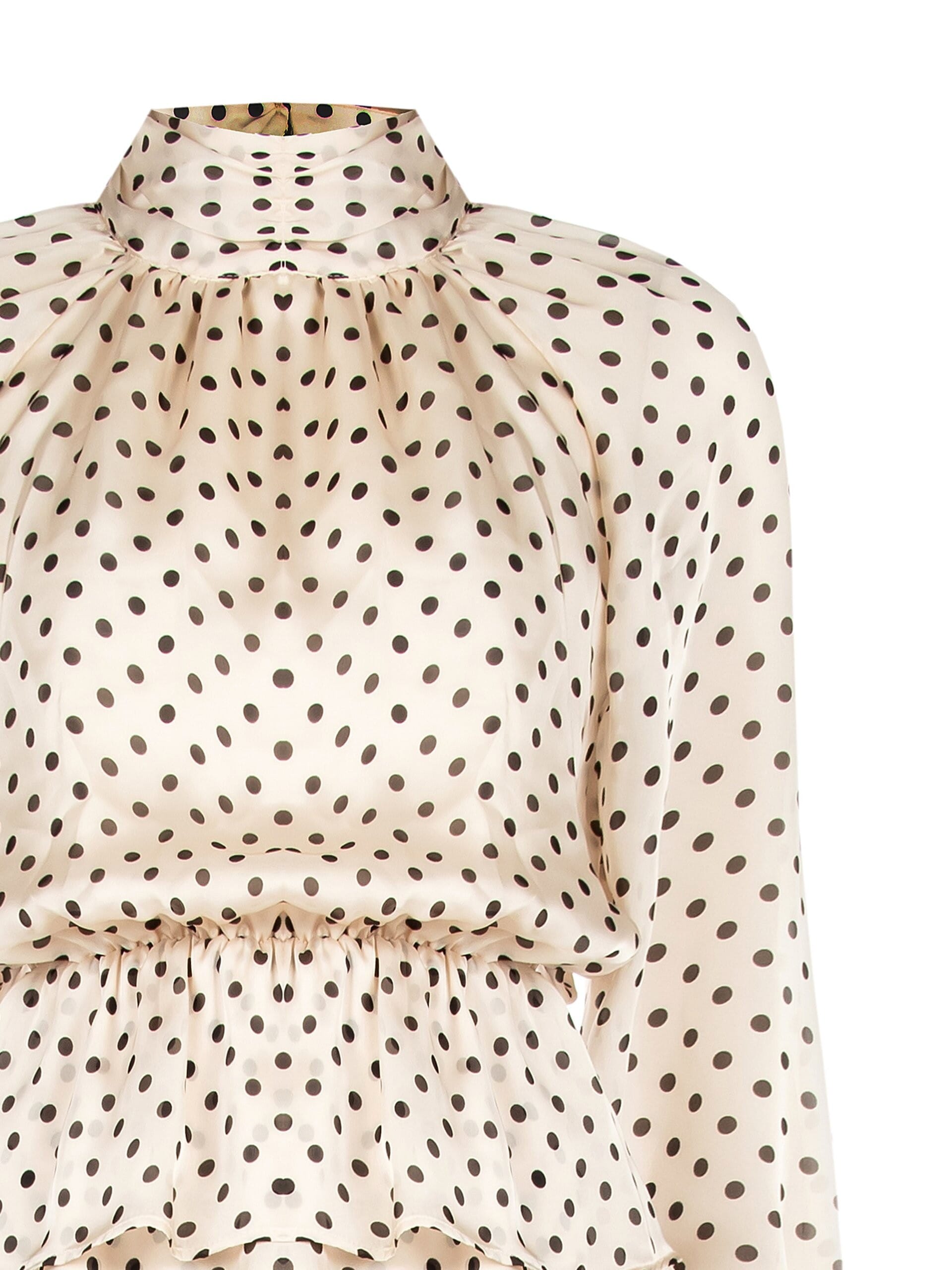 Abito Corto A Balze In Leggerissimo Raso A Pois Con Maxi Maniche Rinascimento