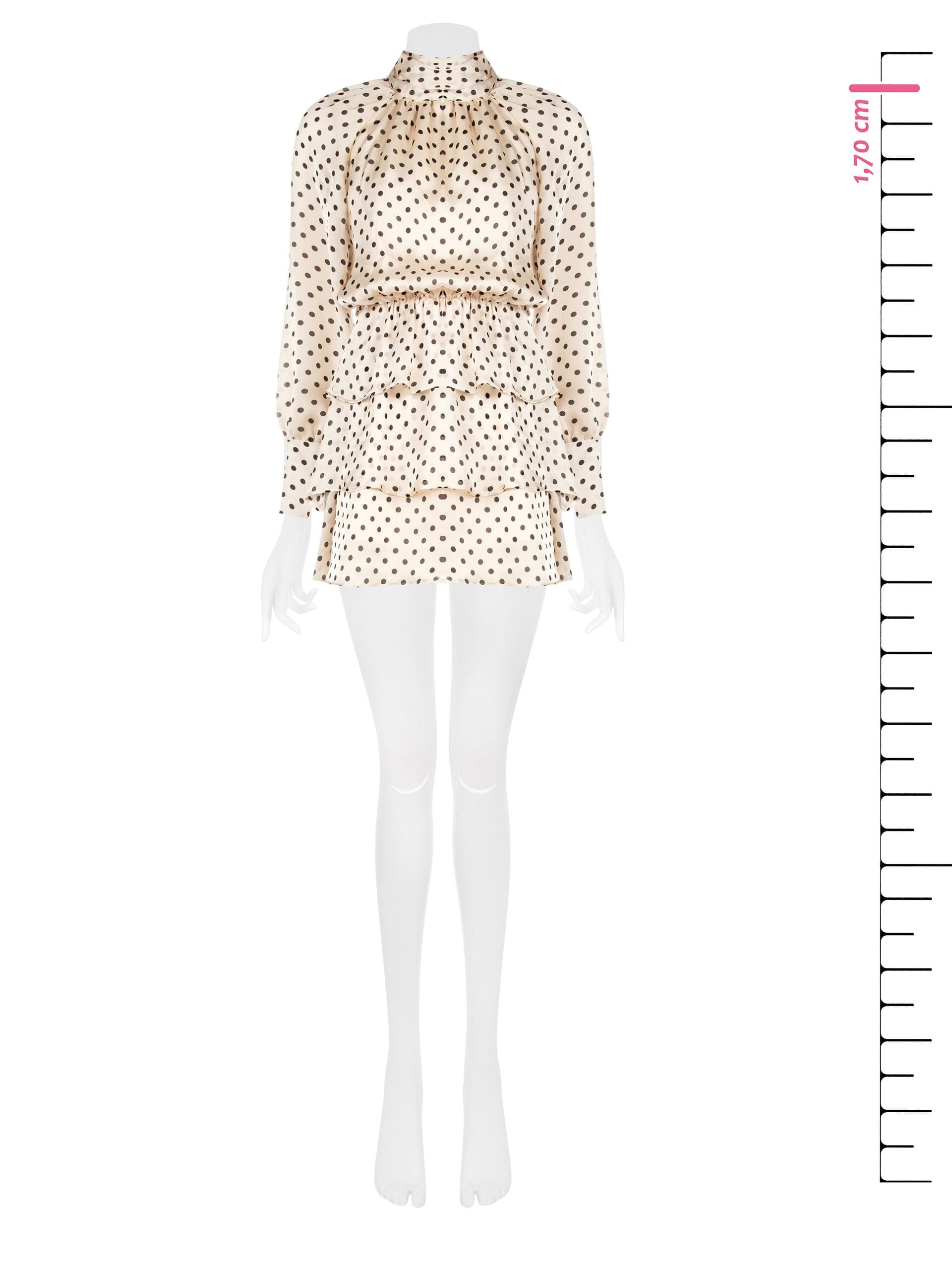 Abito Corto A Balze In Leggerissimo Raso A Pois Con Maxi Maniche Rinascimento