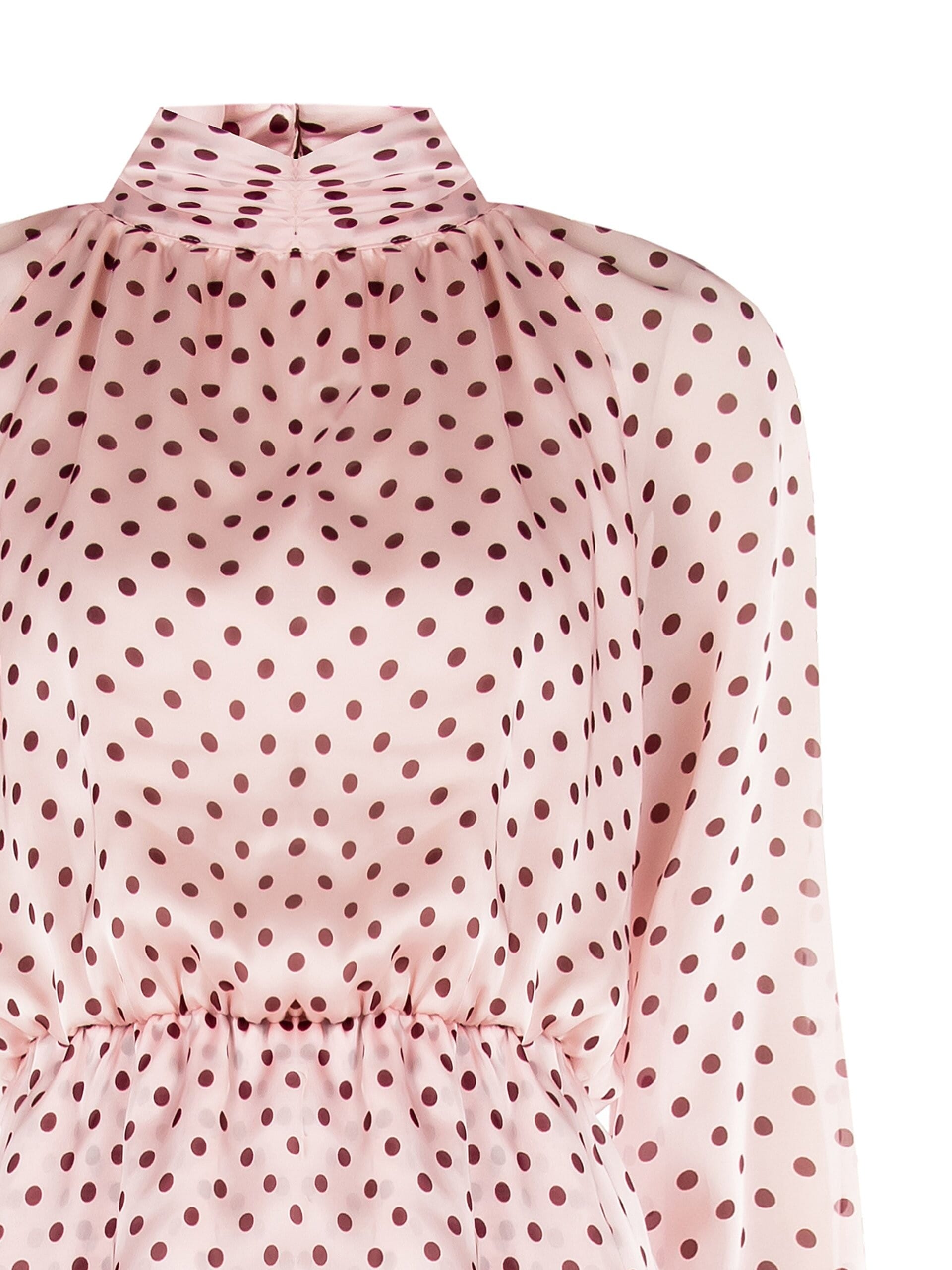 Abito Corto A Balze In Leggerissimo Raso A Pois Con Maxi Maniche Rinascimento