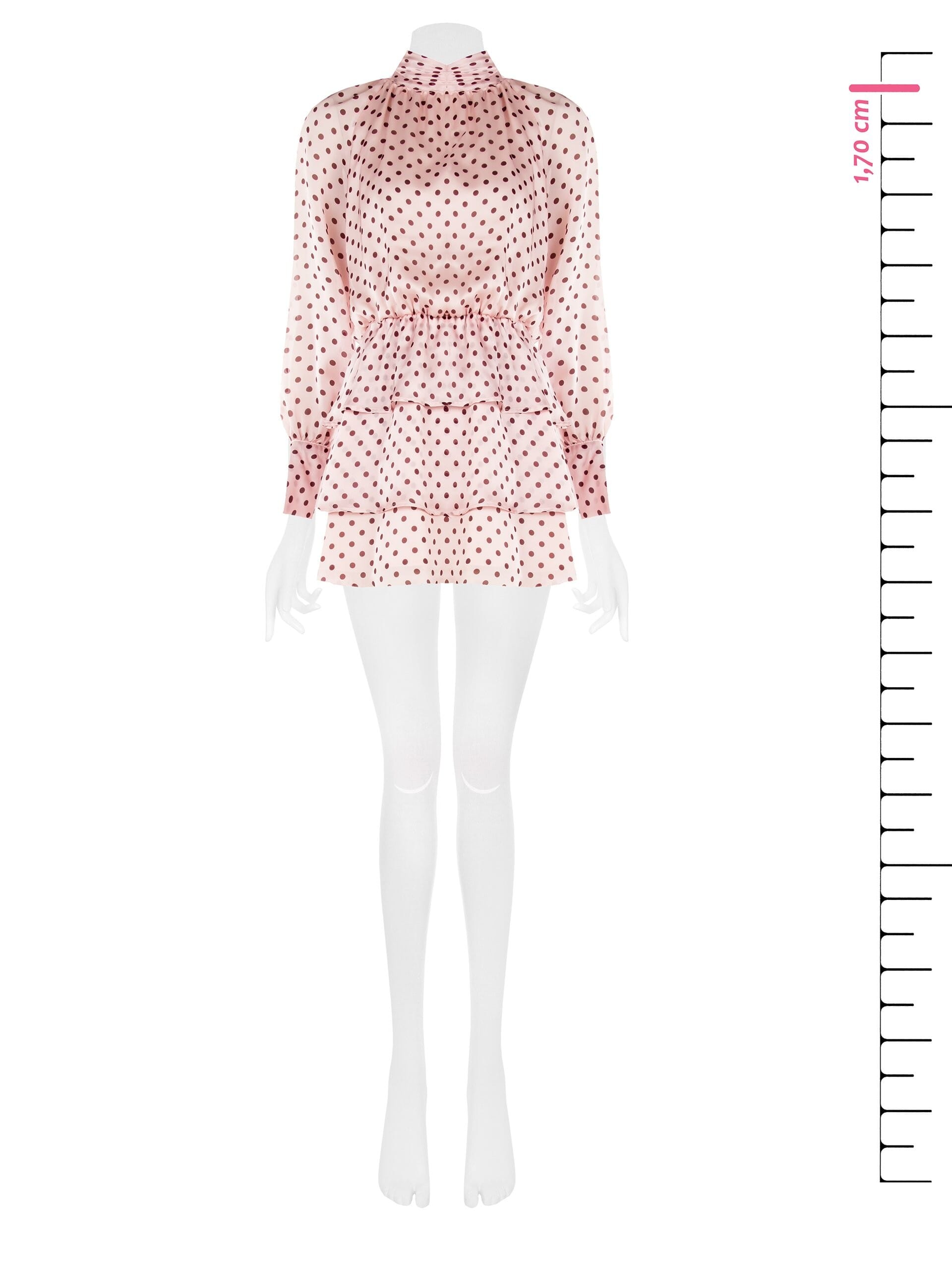 Abito Corto A Balze In Leggerissimo Raso A Pois Con Maxi Maniche Rinascimento