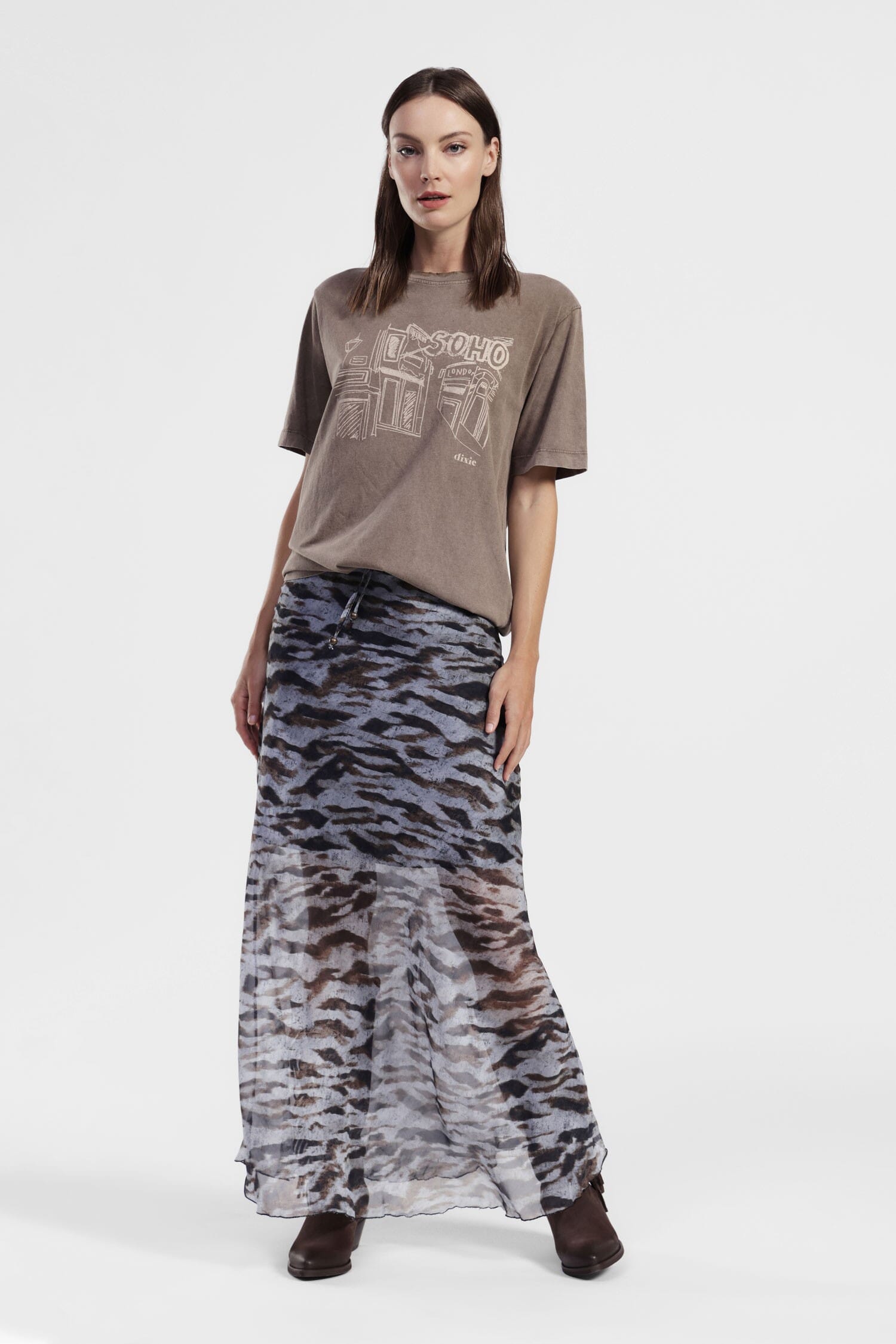Animal Print Long Skirt With Asymmetrical Bottom Dixie