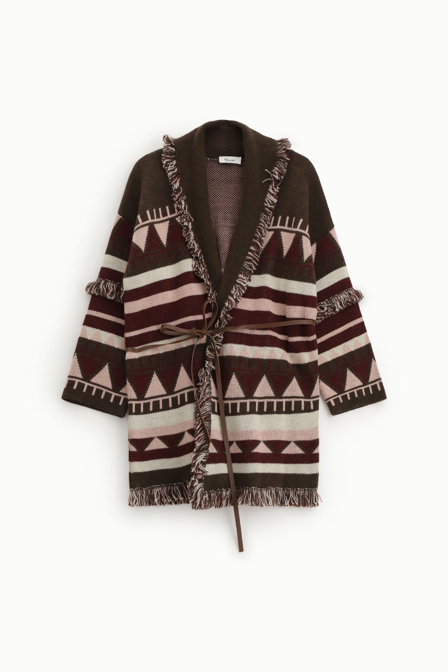 Cappotto Fantasia Geometrica Con Cintura E Frange Dixie