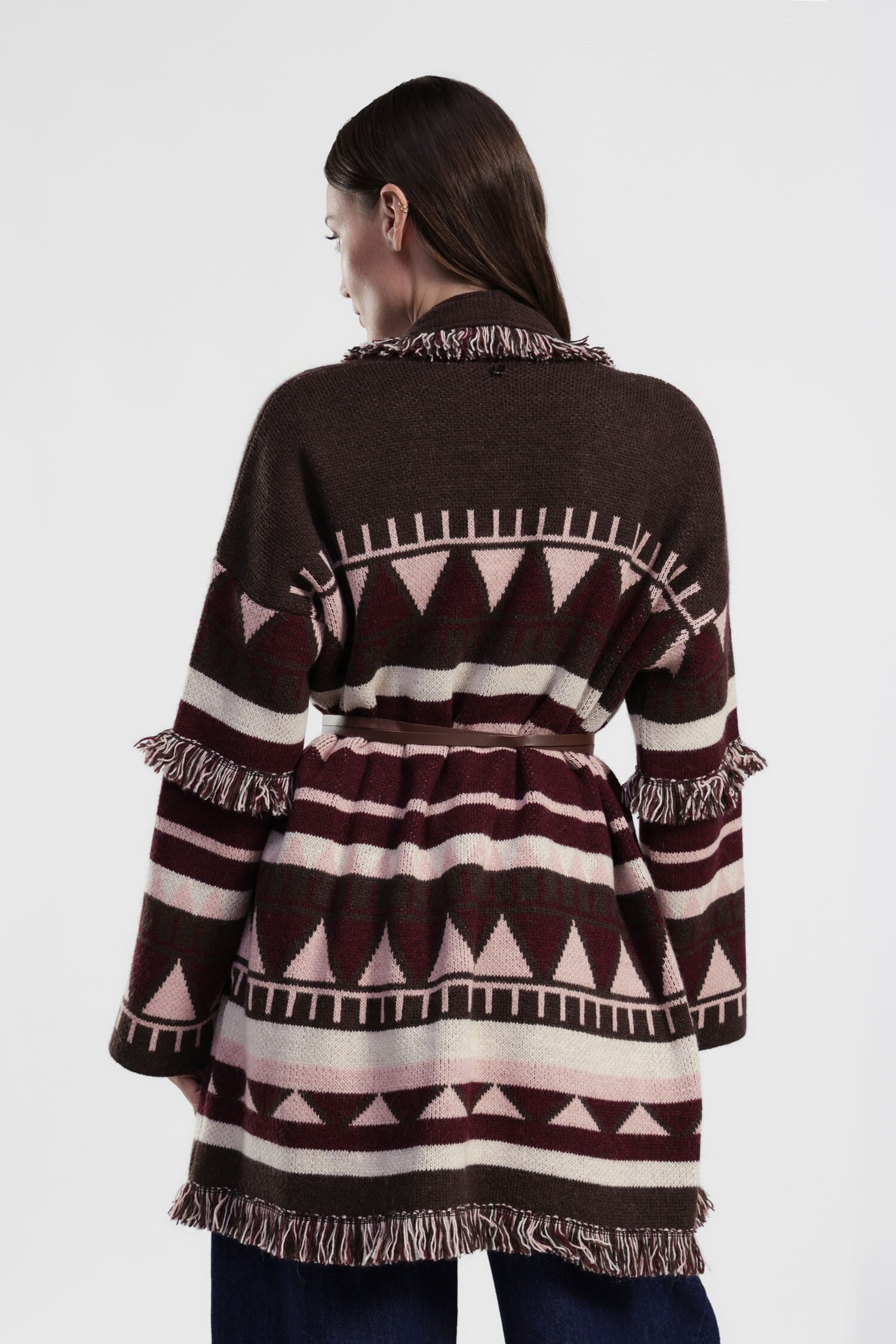 Cappotto Fantasia Geometrica Con Cintura E Frange Dixie