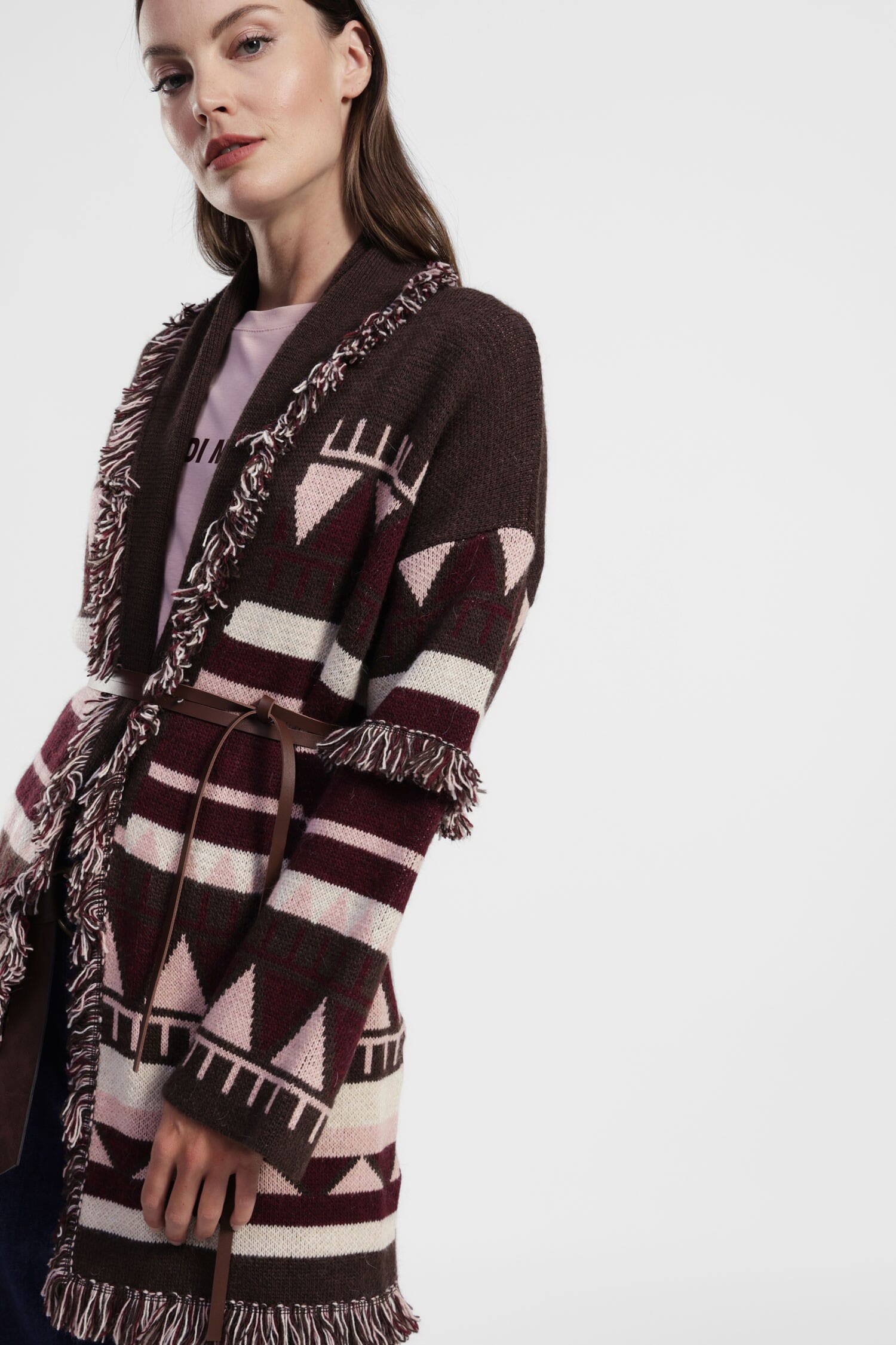 Cappotto Fantasia Geometrica Con Cintura E Frange Dixie