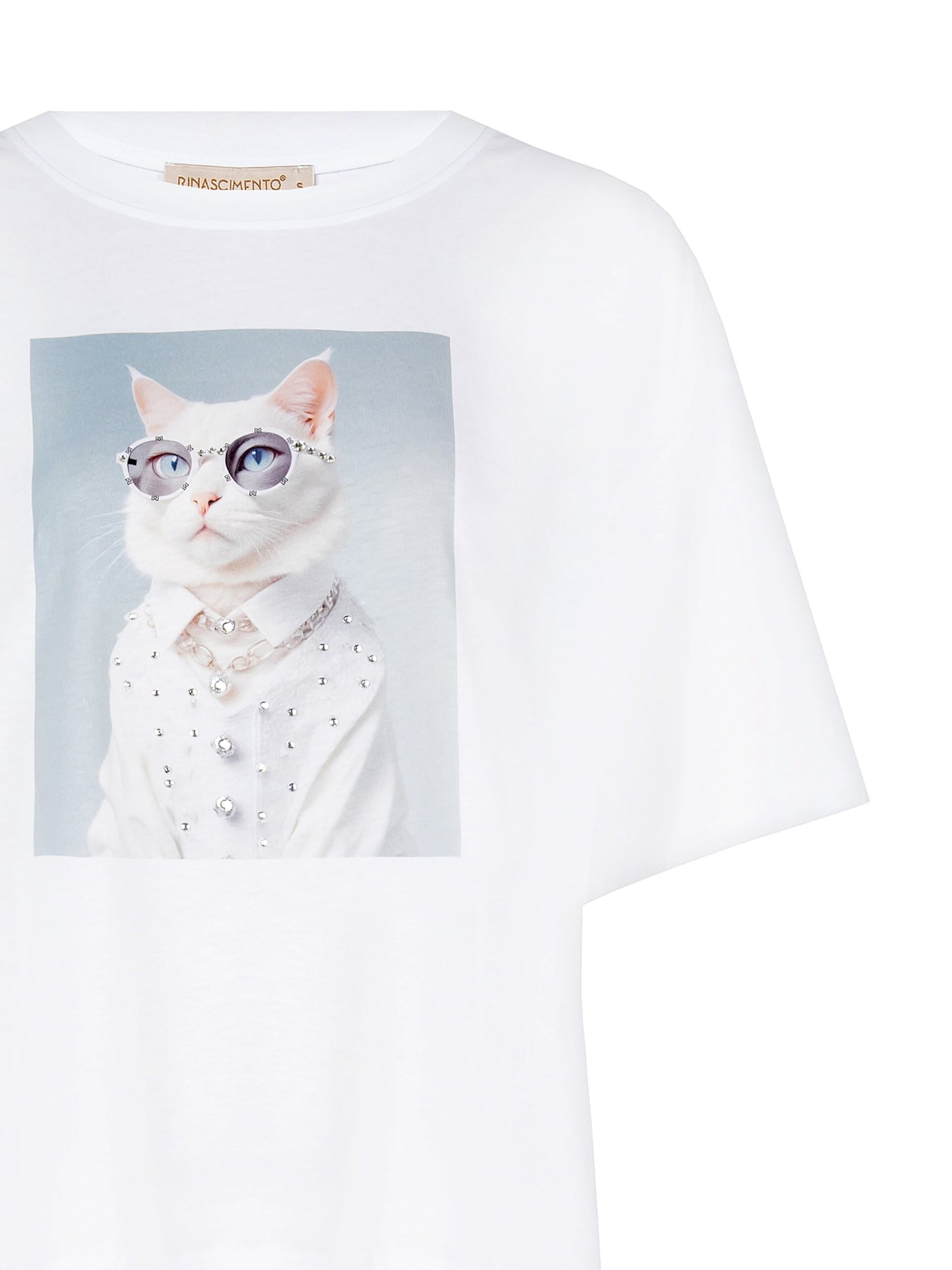 T-Shirt Regular In Misto Cotone Con Stampa Cat Con Occhiali E Strass Rinascimento