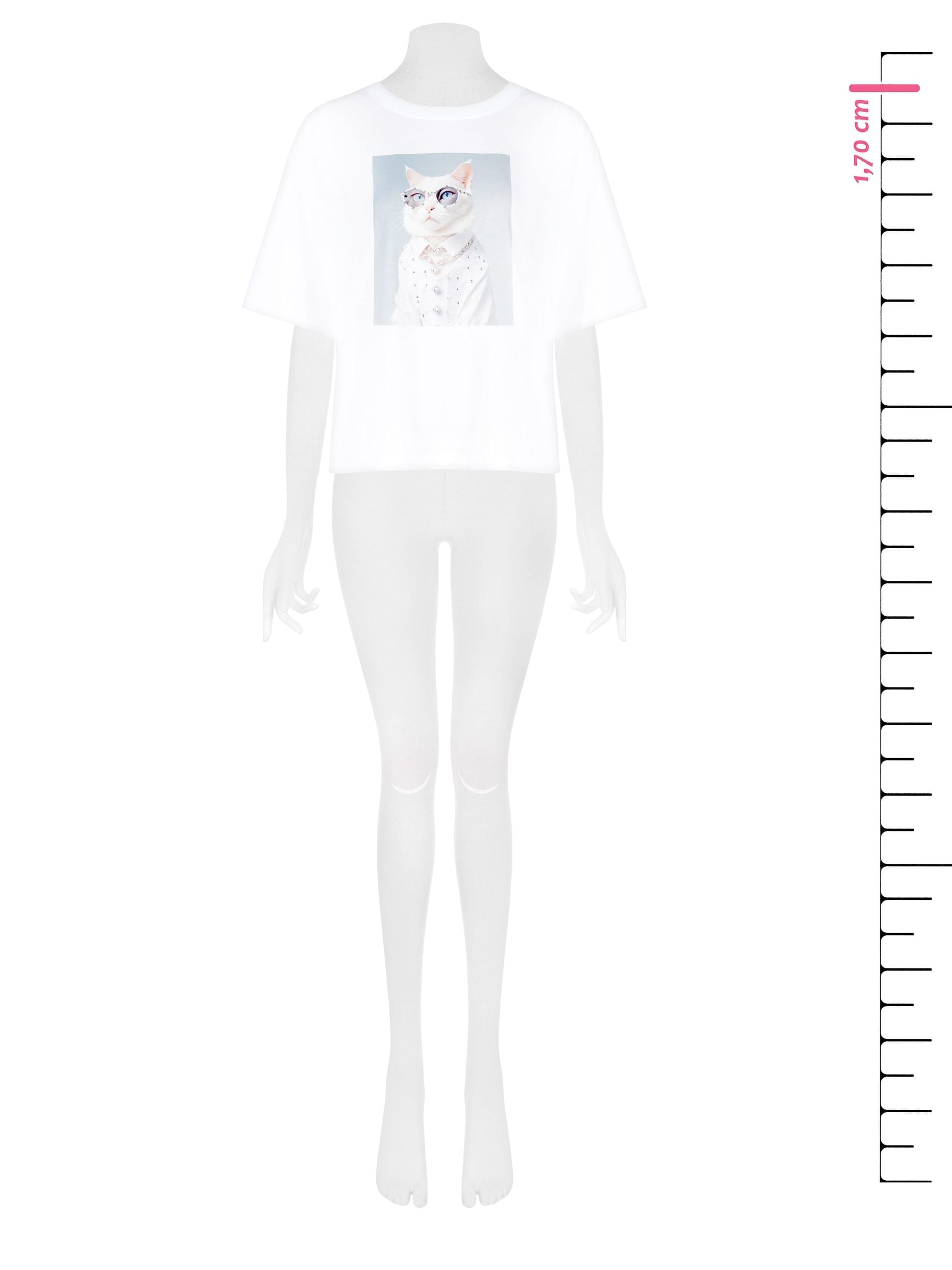 T-Shirt Regular In Misto Cotone Con Stampa Cat Con Occhiali E Strass Rinascimento