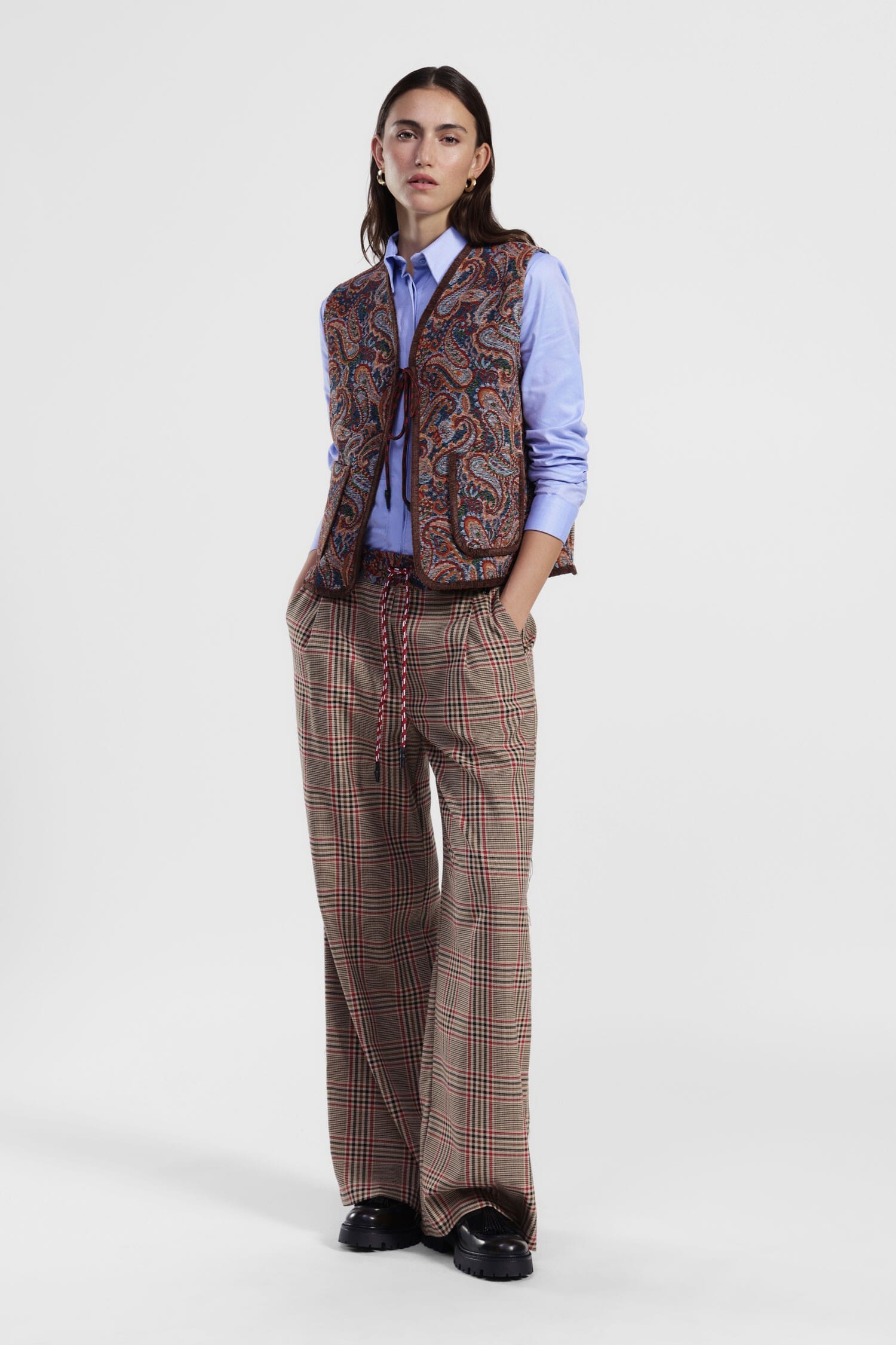 Pantaloni Palazzo A Quadri Con Vita Arricciata Dixie