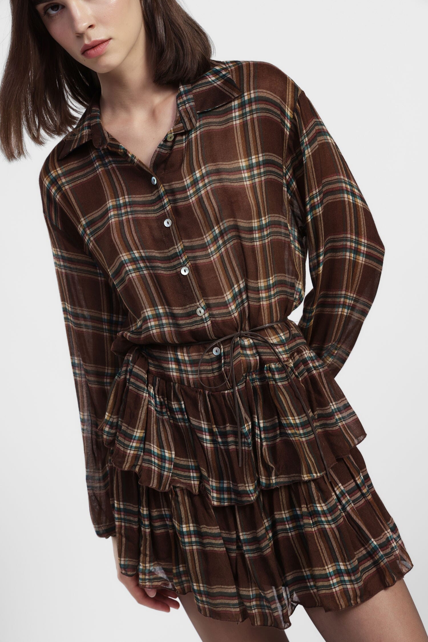 Abito Corto A Quadri Con Bottoni E Balze Dixie