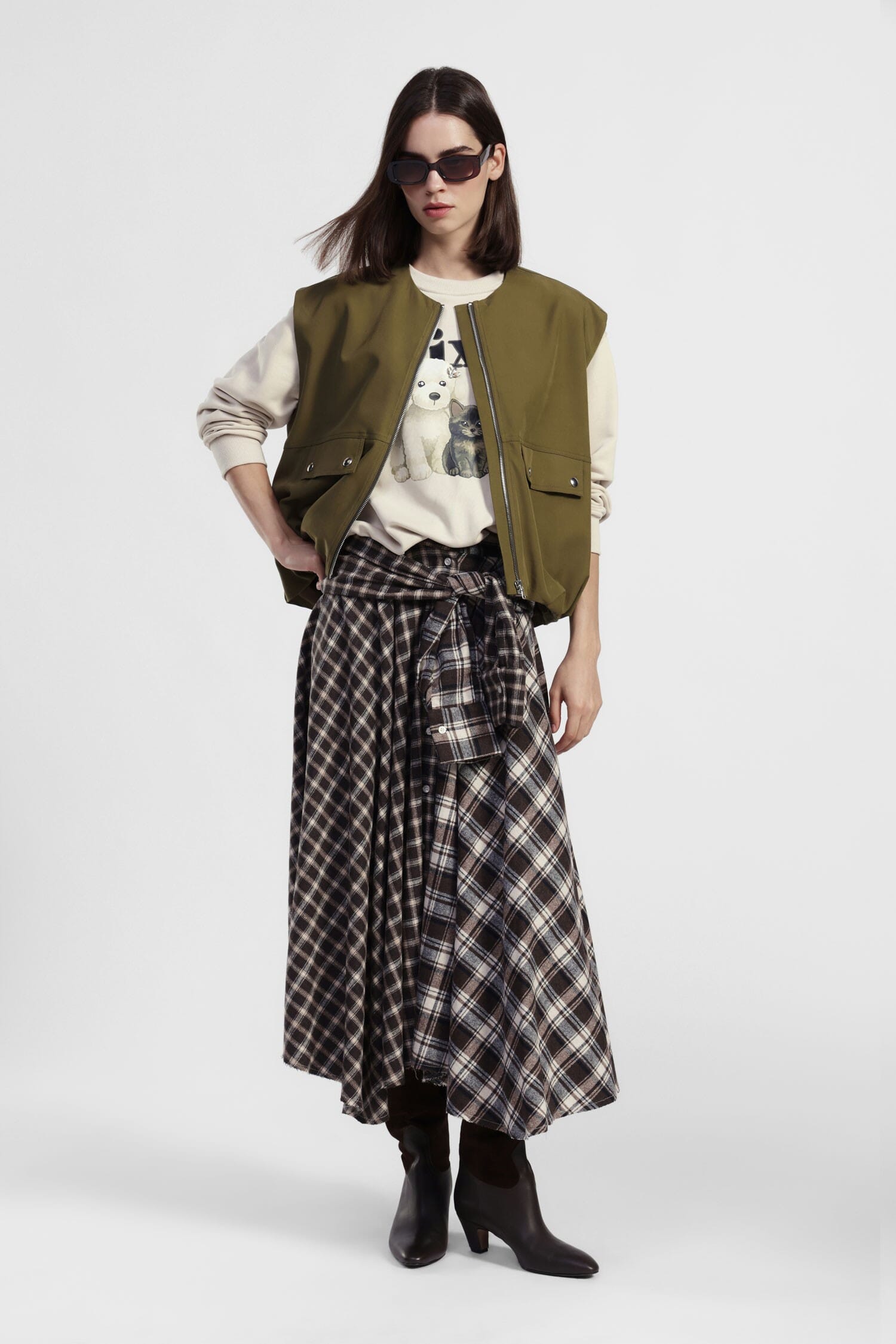 Dixie Check Pattern Asymmetrical Midi Skirt