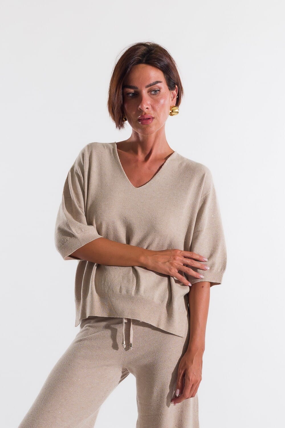 Kontatto Sequins Short Sleeve V-neck Sweater