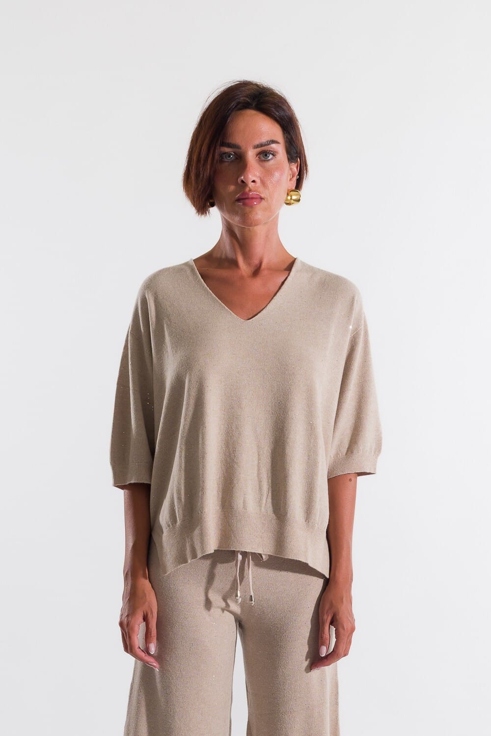 Kontatto Sequins Short Sleeve V-neck Sweater