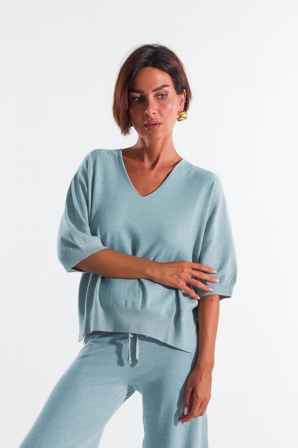 Kontatto Sequins Short Sleeve V-neck Sweater